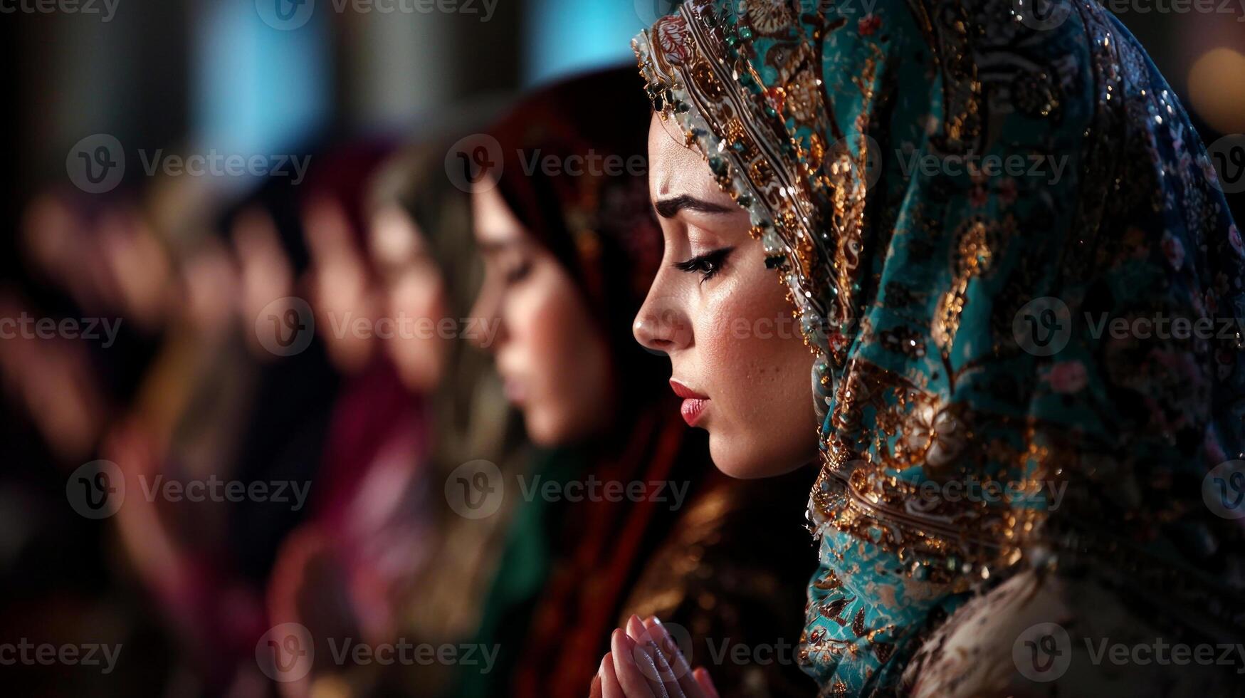 row of women in colorful hijabs stand folded hands in prayer during Eid al Fitr gathering mosque enveloped in soft lighting reflecting deep devotion and unity photo