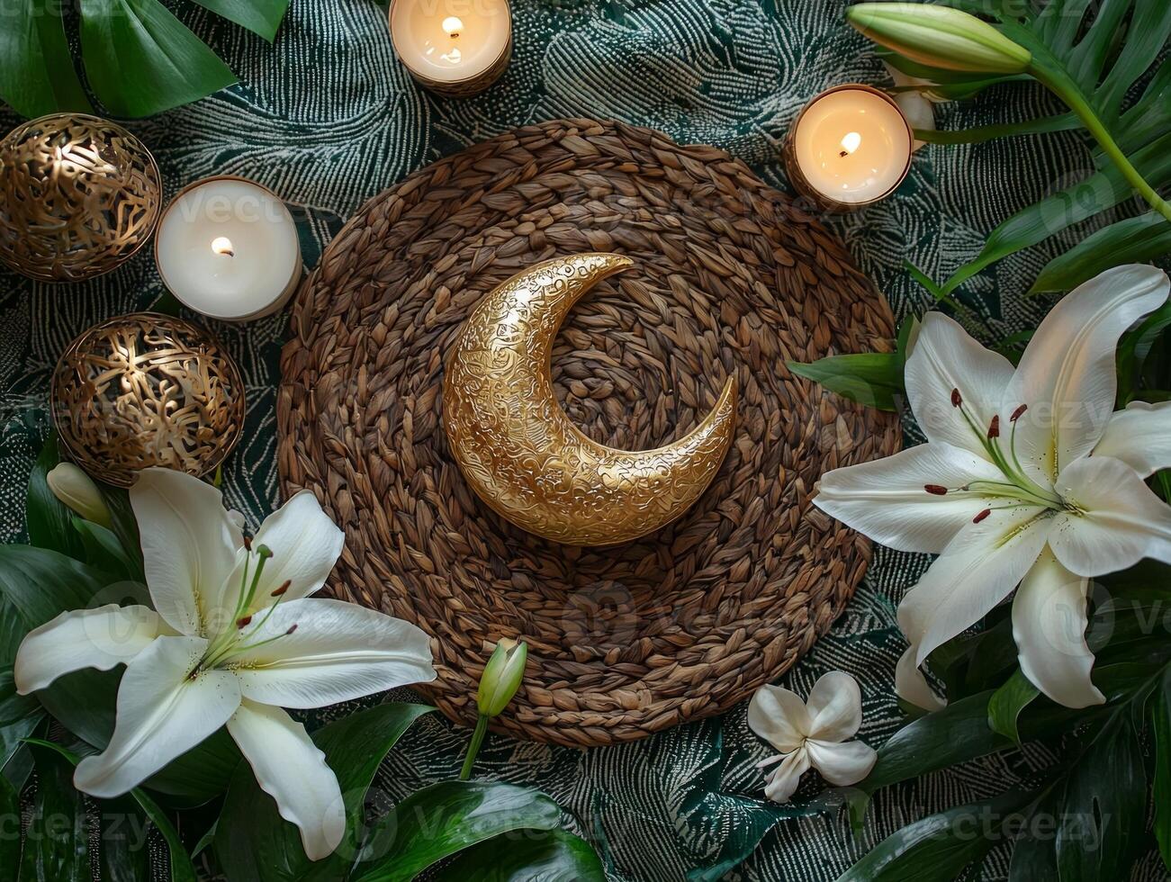 Decorative centerpiece for Eid featuring golden crescent moon surrounded candles and fresh white lilies on textured green background. Perfect for celebrating unity and tradition photo