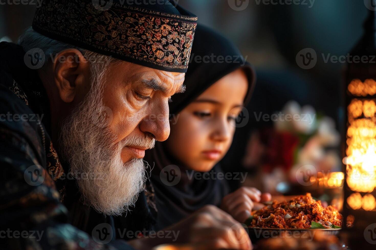 family works together in their living room setting up for Ramadan placing lanterns on shelves arranging flowers and hanging calligraphy art for festive atmosphere photo
