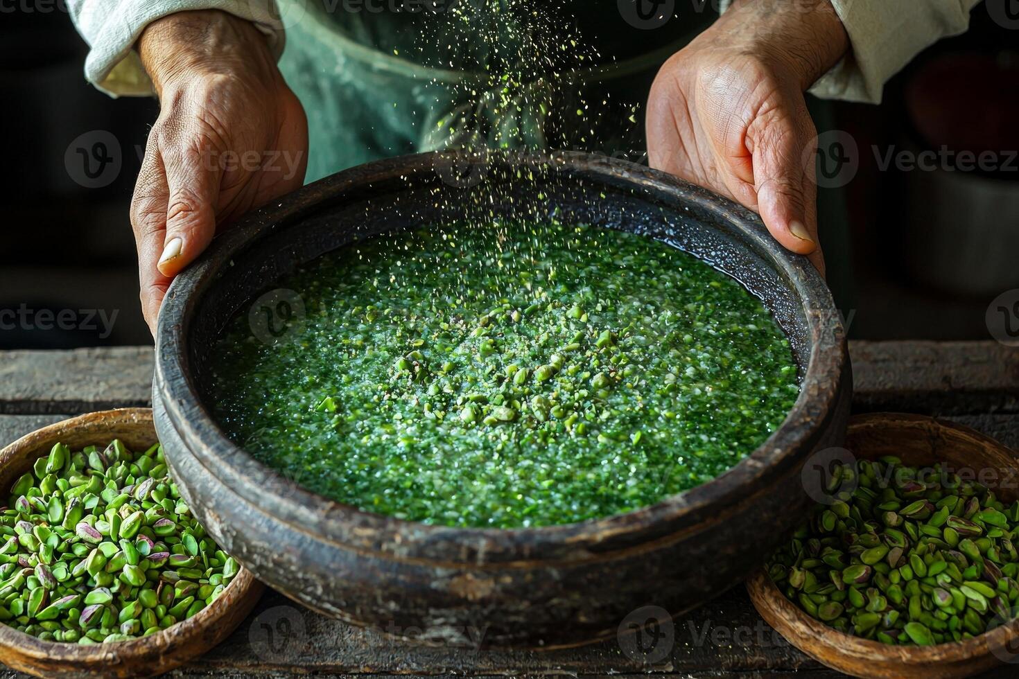 Hands sprinkle ground pistachios over plate of warm baklava. soft lighting enhances festive atmosphere showcasing cherished family tradition during Eid photo