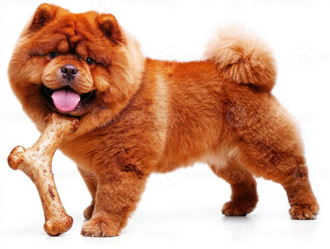 Chow Chow is seen chewing contentedly on bone highlighting its thick fluffy coat and cheerful personality. side view captures dog's playful nature and warmth photo