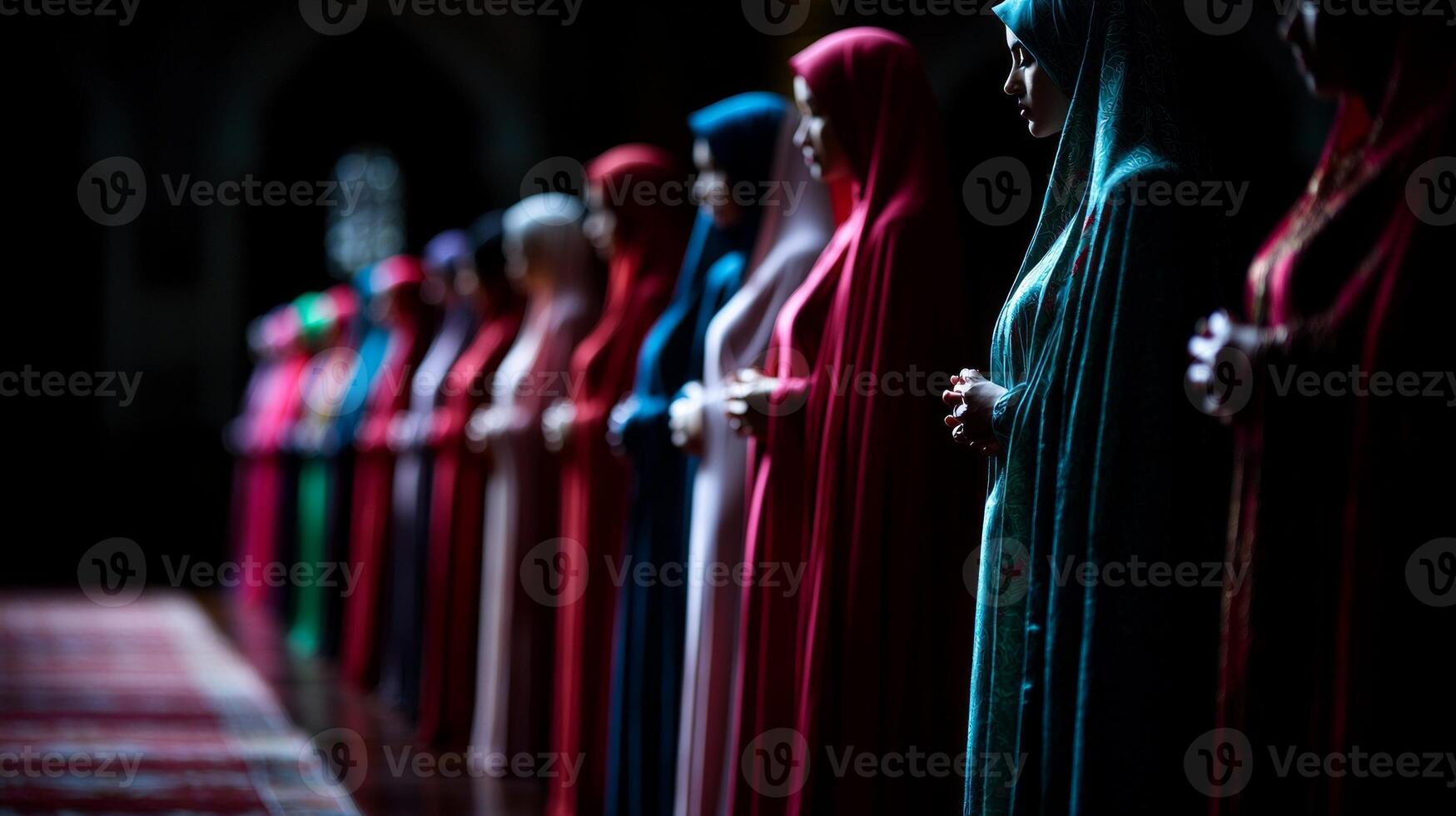 group of women wearing hijabs engages in prayer inside mosque during Eid al Fitr celebration soft lighting enhancing atmosphere of devotion and unity photo