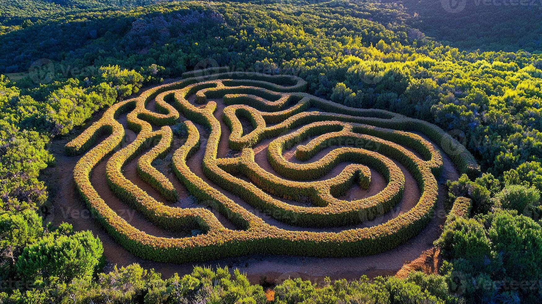 intricate stone labyrinth stretches endlessly beneath vast sky lone figure in neon outfit skillfully exploring its winding paths amidst deep shadows photo