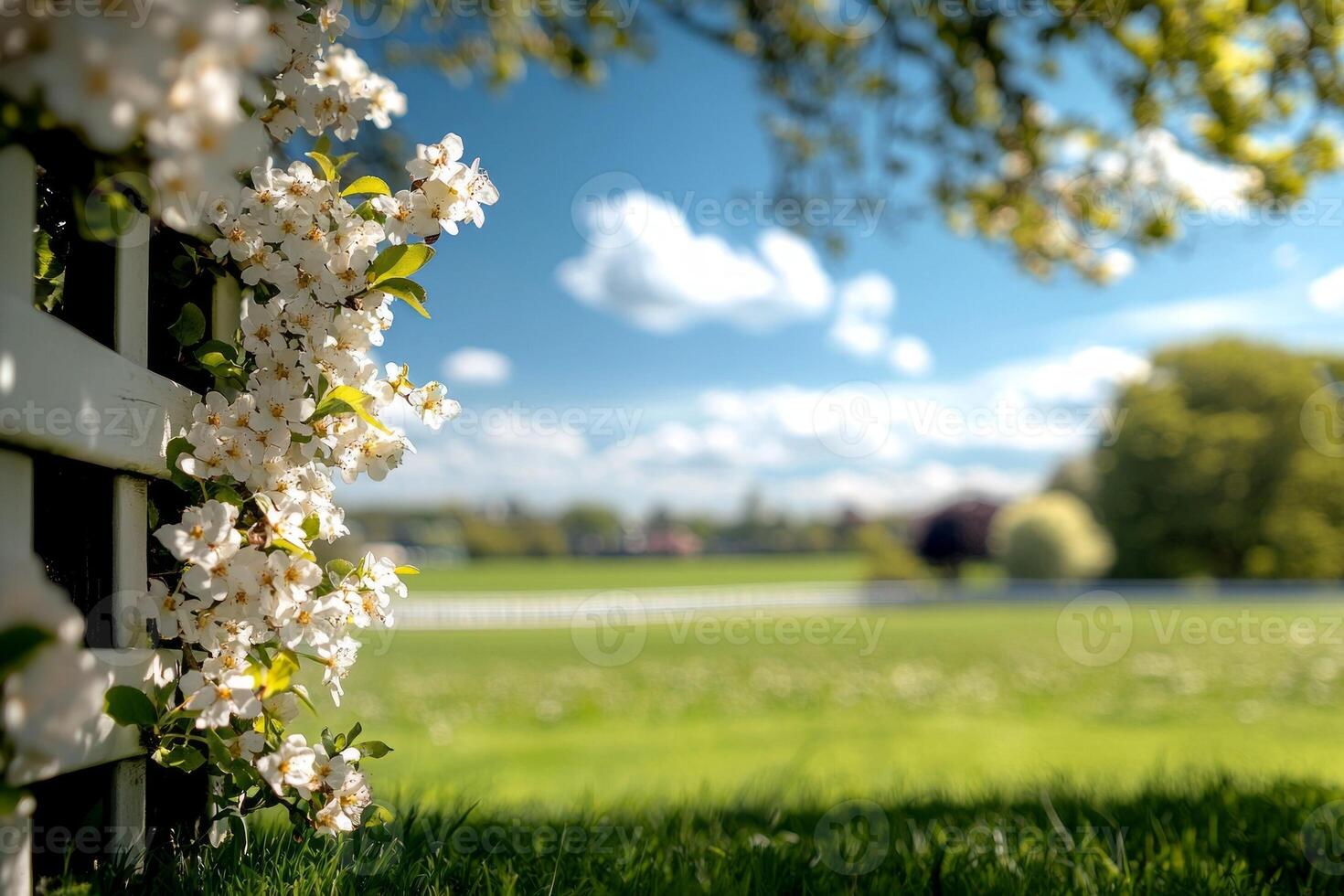 Crisp white pear blossoms bright yellow stamens are sharply focused in foreground framed vibrant green meadow fades beautifully in background photo