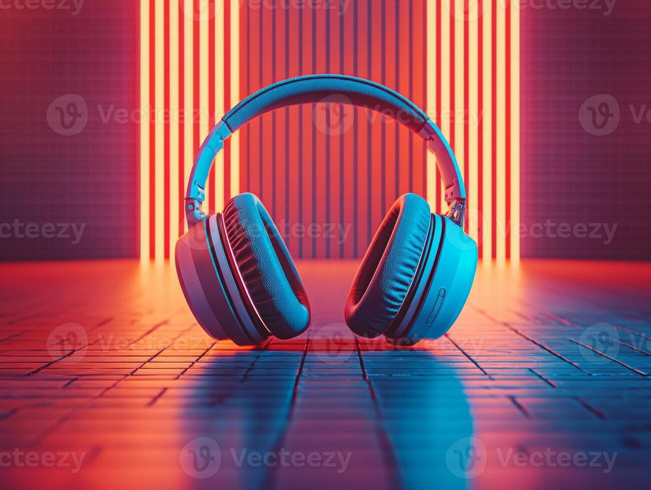Close up view of headphones showcasing customizable logos on earcups set on reflective metallic surface vibrant neon lighting enhances their design photo