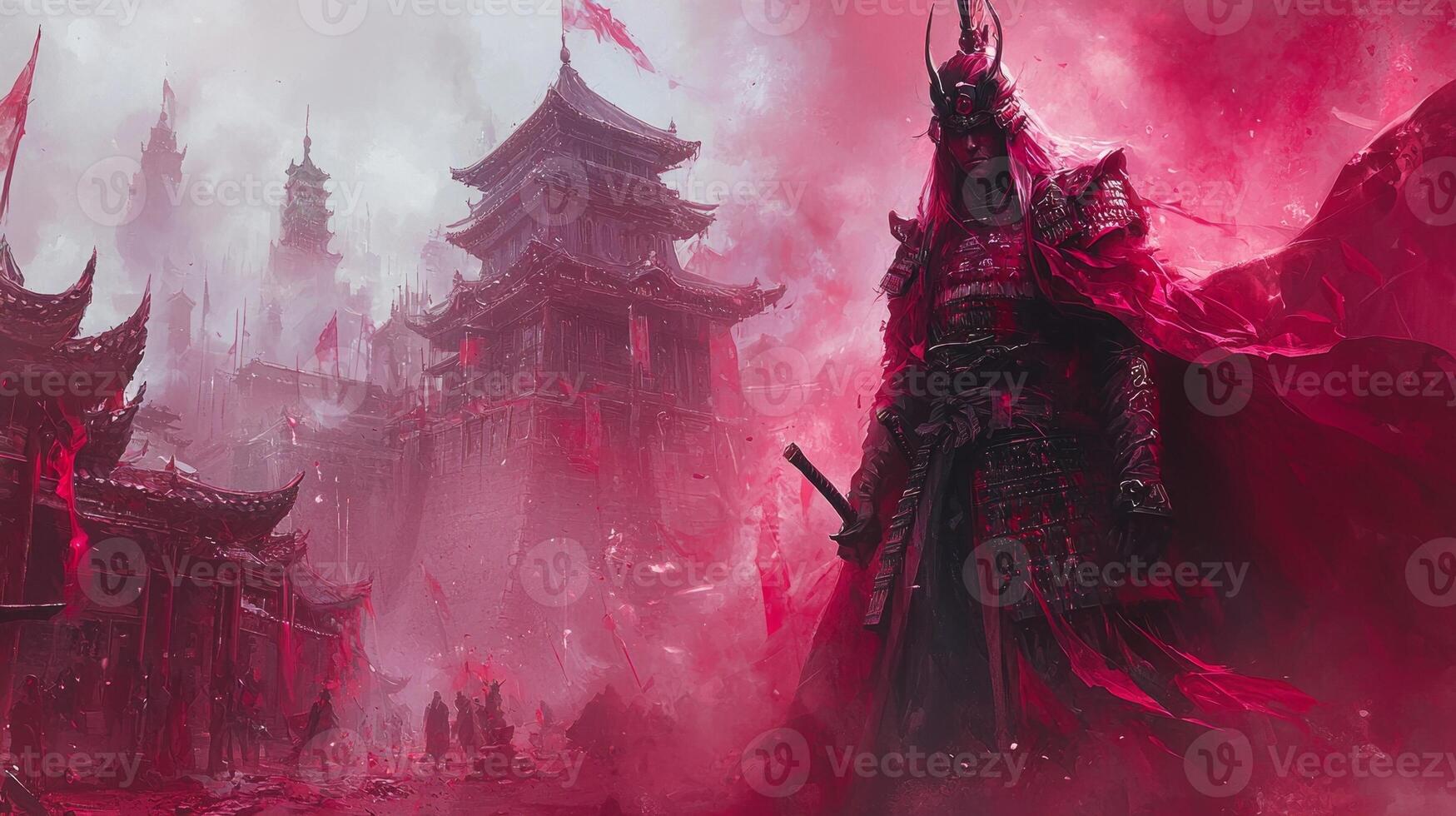 ghostly samurai clad in ethereal armor stands amidst fog on haunted battlefield. Broken weapons litter ground hinting past conflicts and lost warriors photo