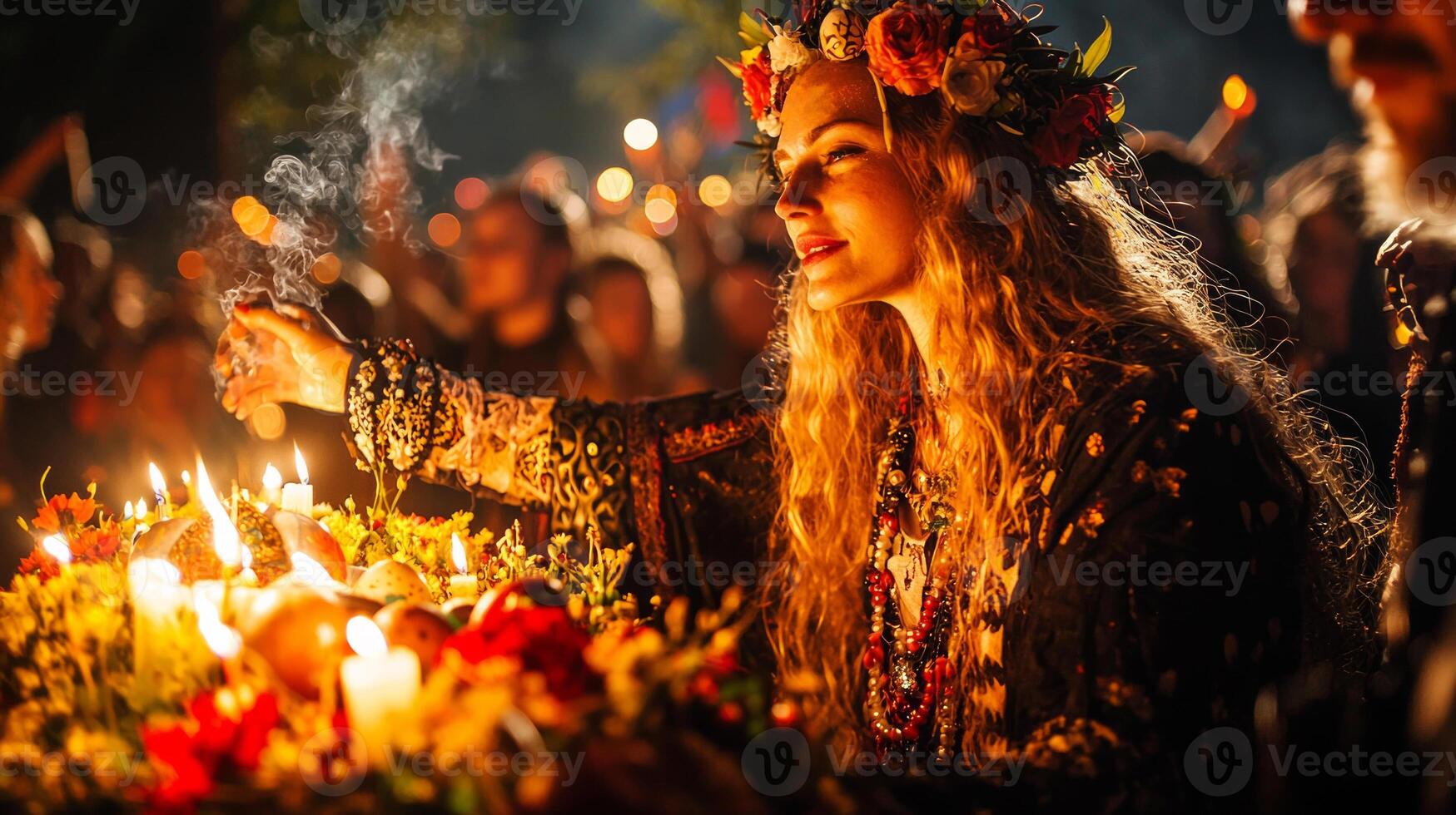 Pagans join in serene atmosphere surrounding earth altar adorned spring symbols like eggs and flowers. Candles flicker as incense smoke rises into fresh morning air photo