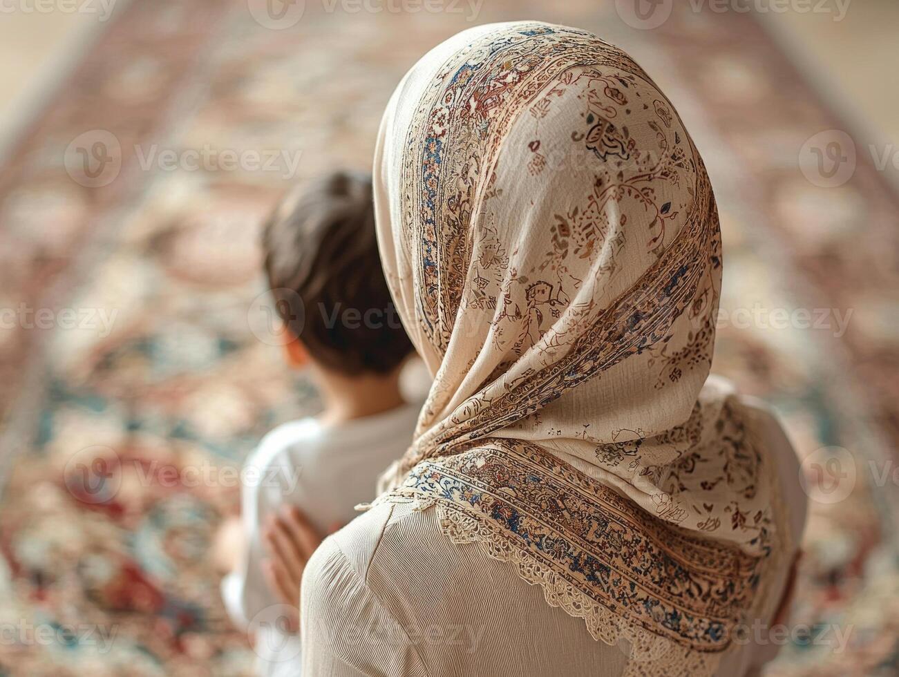 Muslim woman in hijab guides her children in prayer home creating serene atmosphere enhanced soft lighting and intricate rug patterns celebrating family traditions photo