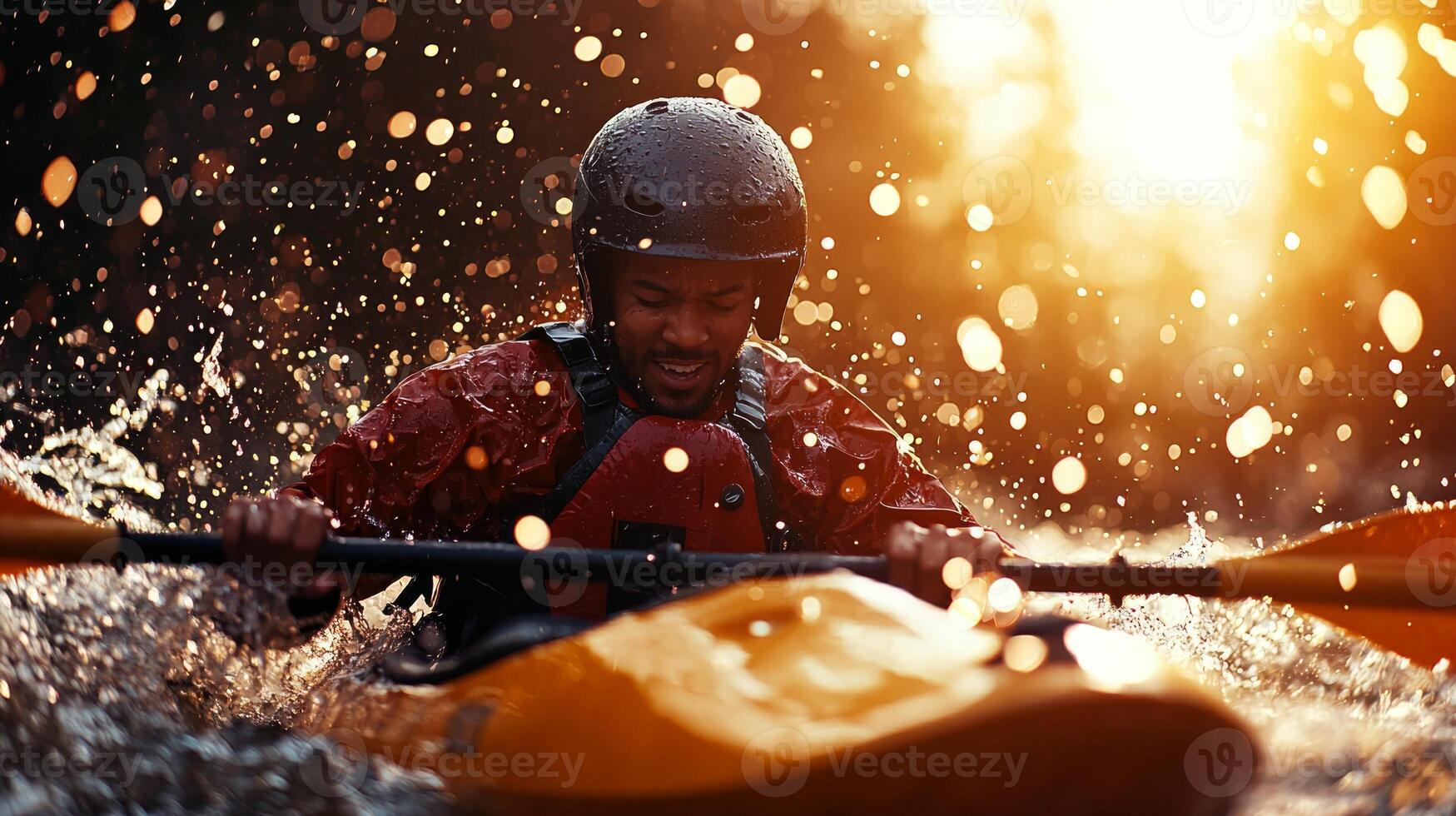 African American kayaker expertly navigates through challenging whitewater rapids showcasing determination and skill. Sunlight sparkles off water adding vibrant energy adventure photo
