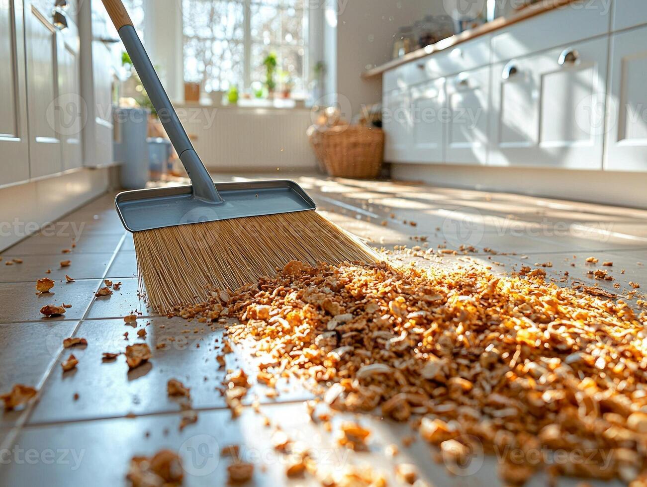 Broom and dustpan are in use sweep up crumbs from tiled kitchen floor. Sunlight streams in through windows highlighting cleanliness and order in kitchen space photo