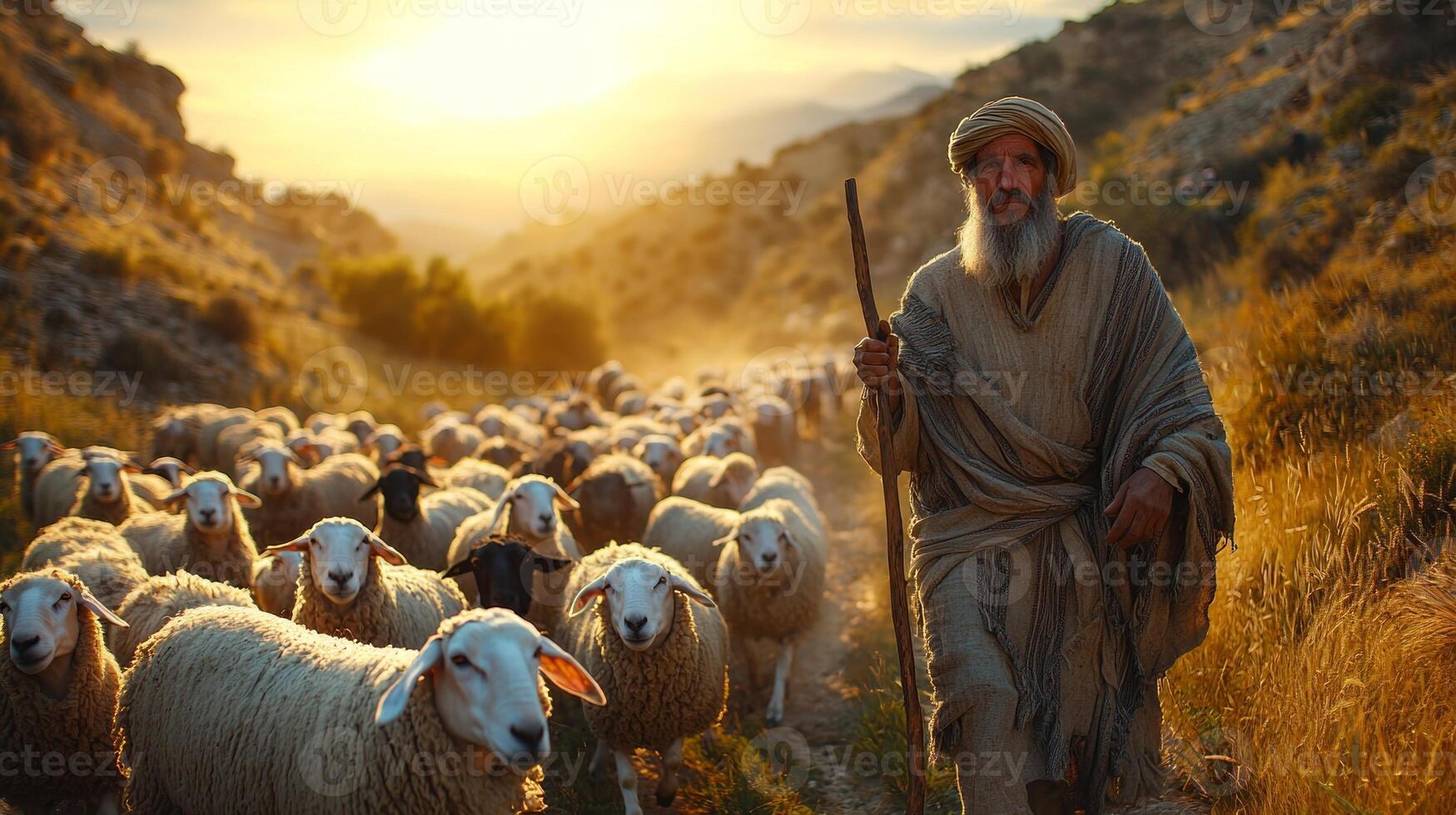 rural shepherd in traditional woolen attire guides large flock of sheep through misty meadow. dawn light casts golden glow over rolling hills creating serene atmosphere photo