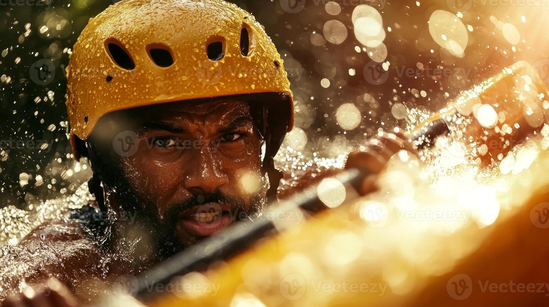 African American kayaker prosthetic leg skillfully navigates turbulent rapids sunlight sparkling off water creating exciting atmosphere of adventure photo