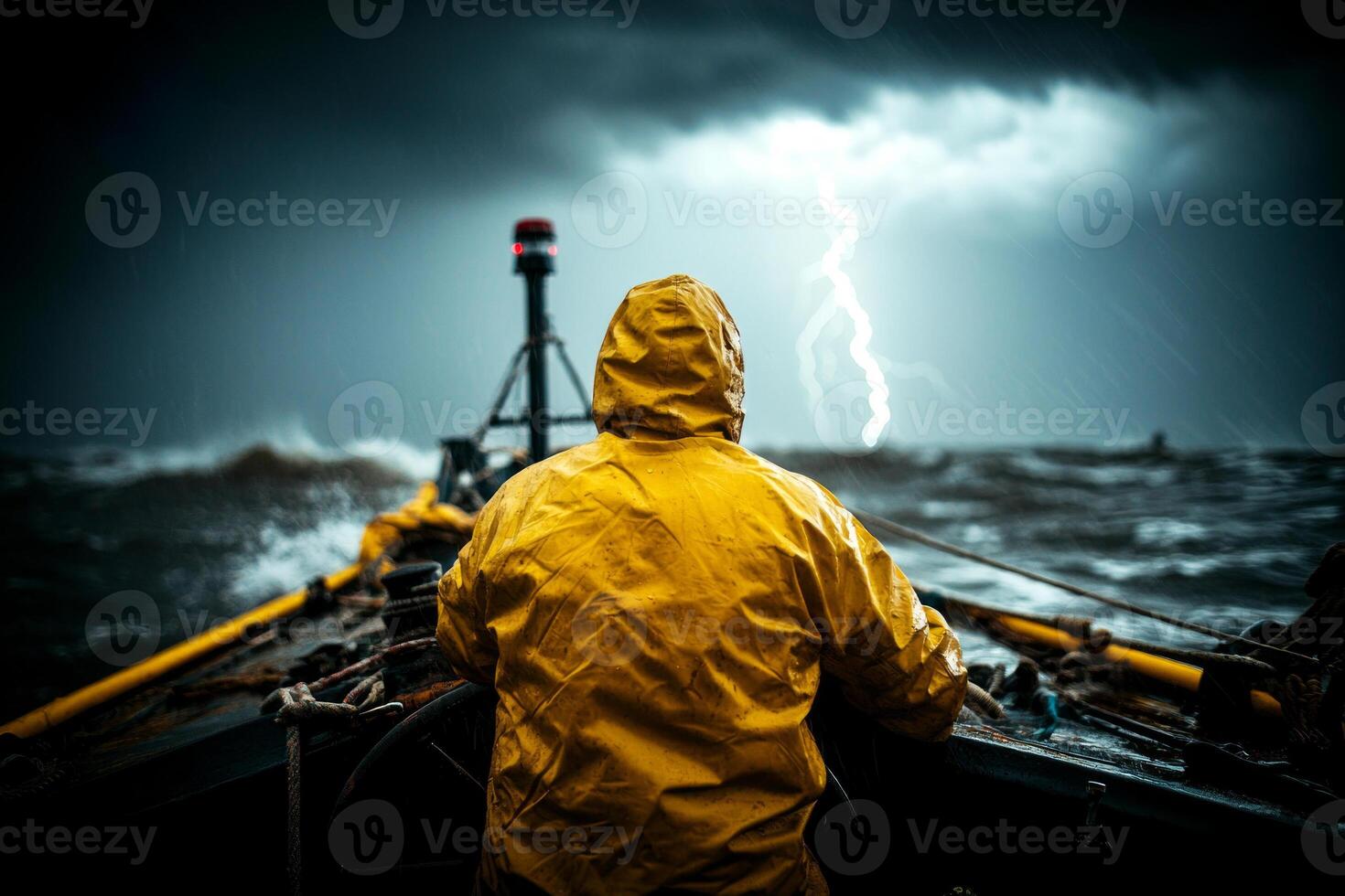 sailor grips wheel of small vessel while facing intense waves and dark thunderclouds. Lightning flashes illuminate violent seascape showcasing challenging conditions photo