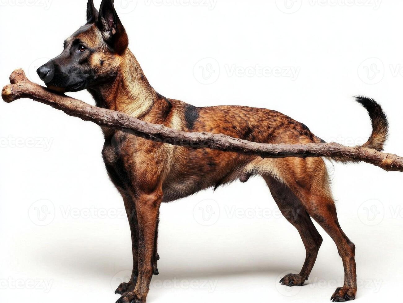 Belgian Malinois is captured in side view while enthusiastically chewing on large bone. setting is bright and clean white background enhancing dog's focused expression photo