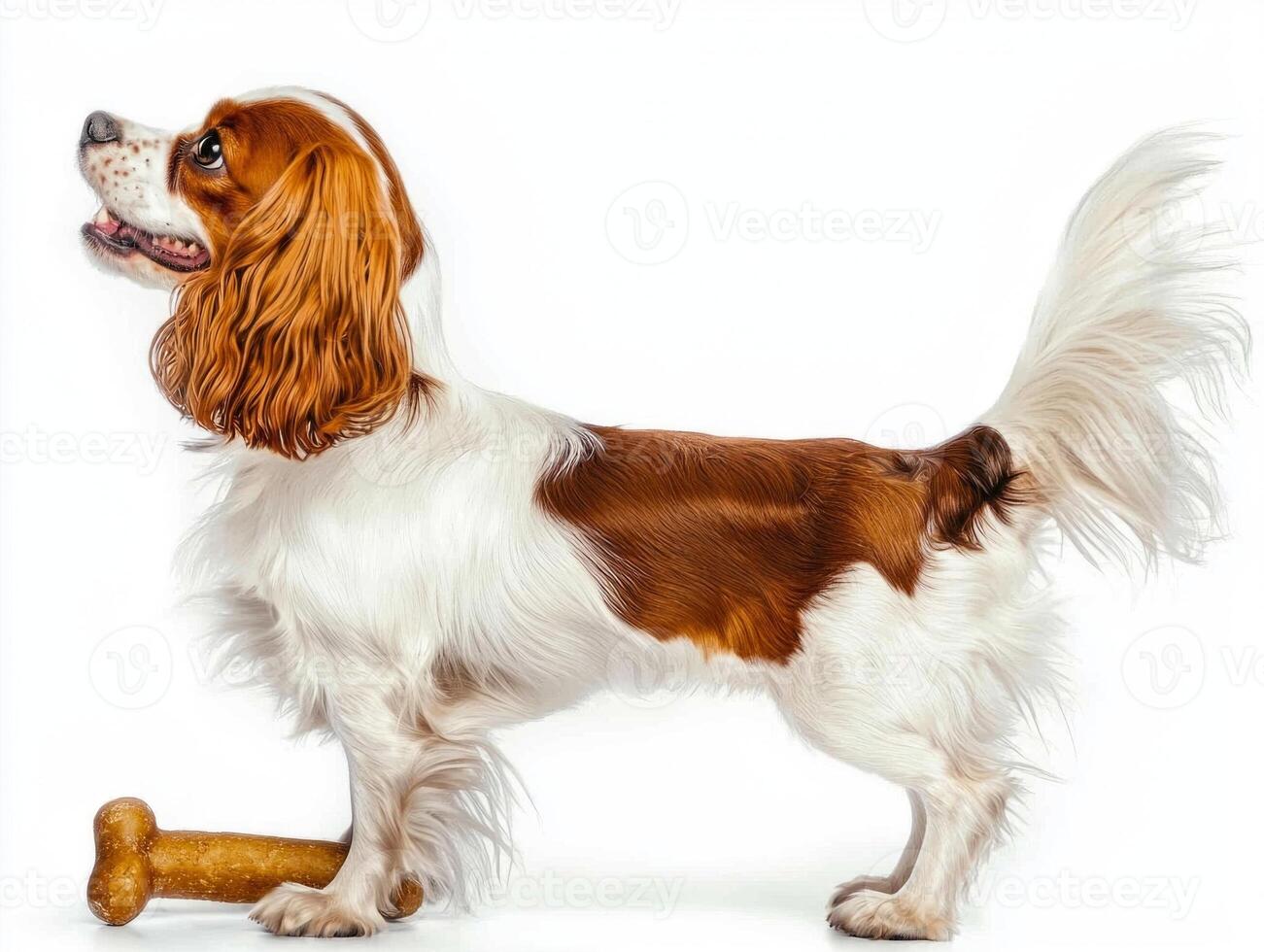 Cavalier King Charles Spaniel enjoys chewing on bone enthusiasm. dog's coat shines brightly showcasing its playful nature and charm in clean setting photo