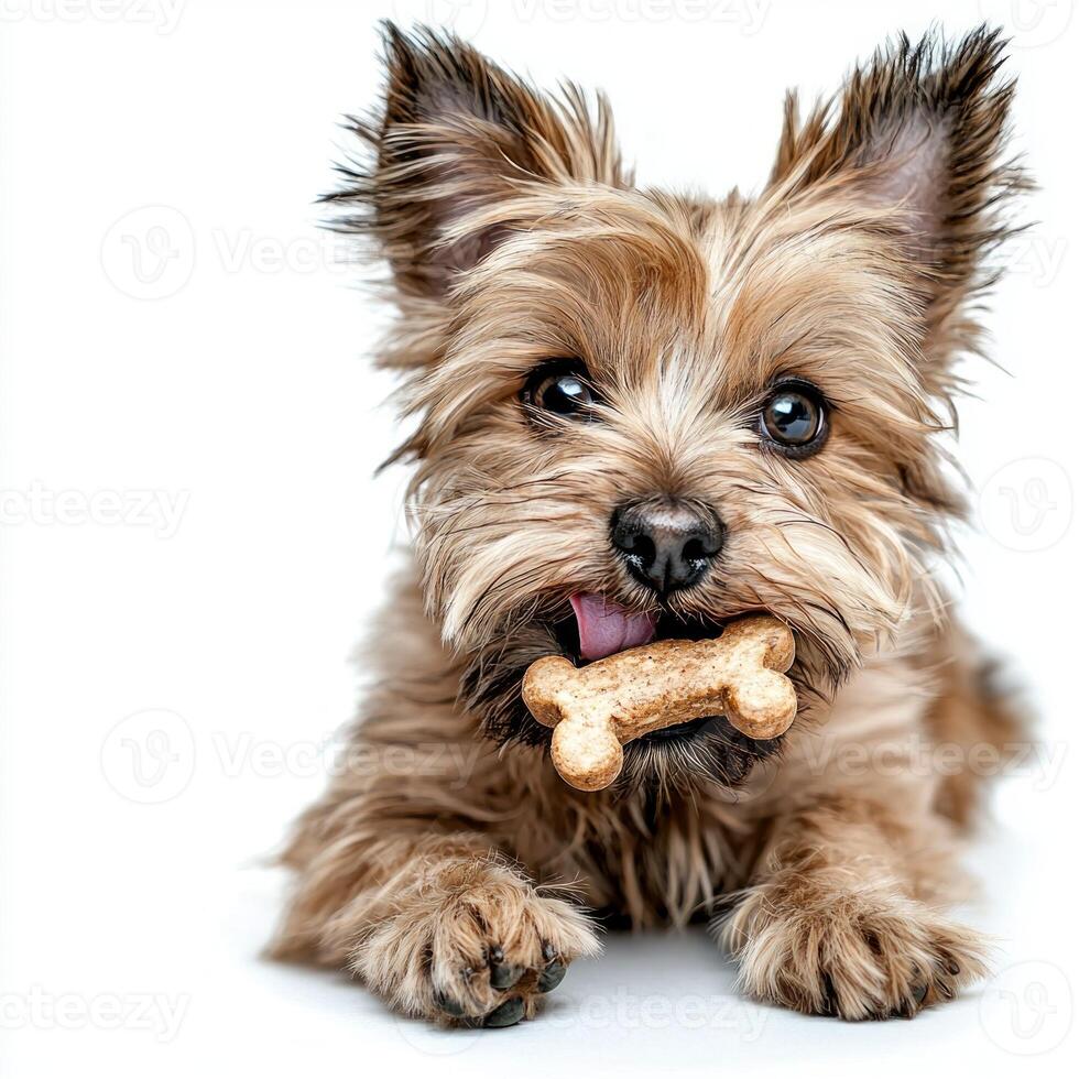playful Lwchen has delicious bone in its mouth fully engaged and having fun. backdrop is clean and white emphasizing dog's activity and expression photo