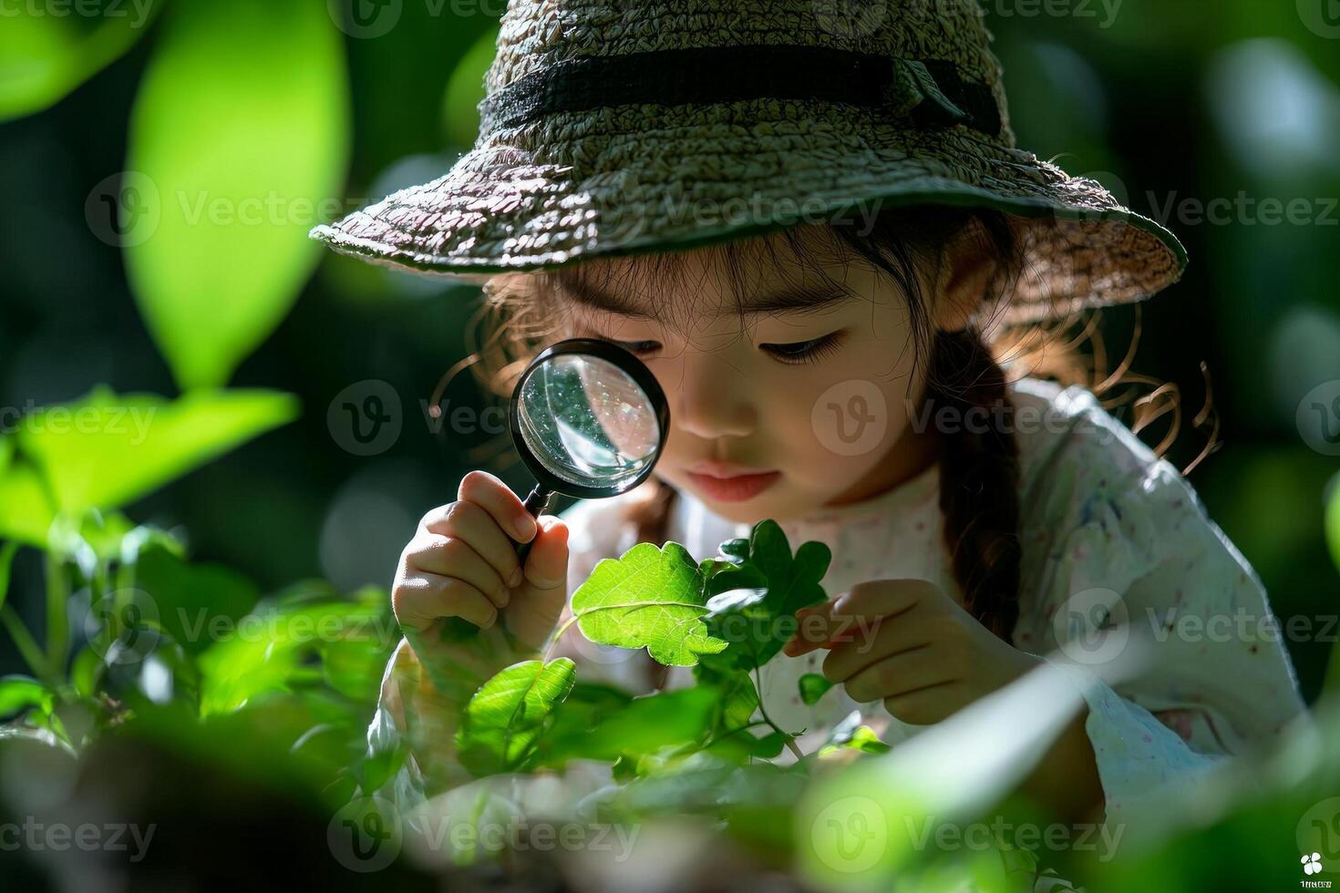 Asian child examines green leaf magnifying glass displaying curiosity while sitting in park bright midday sunlight surrounded lush greenery photo