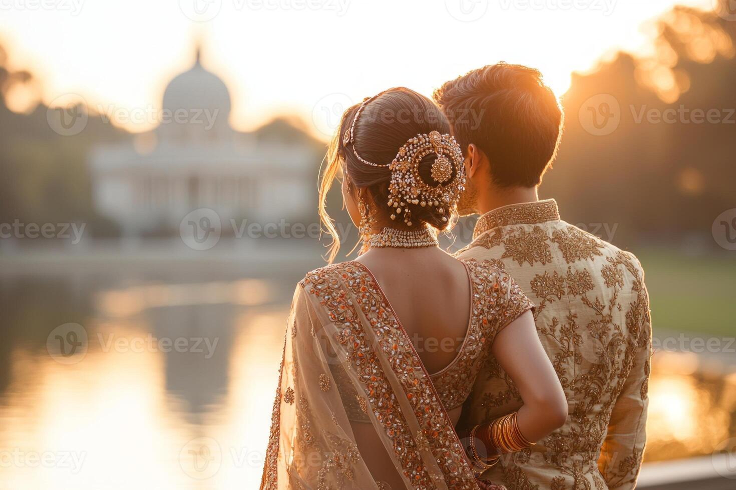 South Asian couple stands riverbank during sunrise dressed in vibrant traditional attire. They share serene moment gazing into distance picturesque backdrop photo