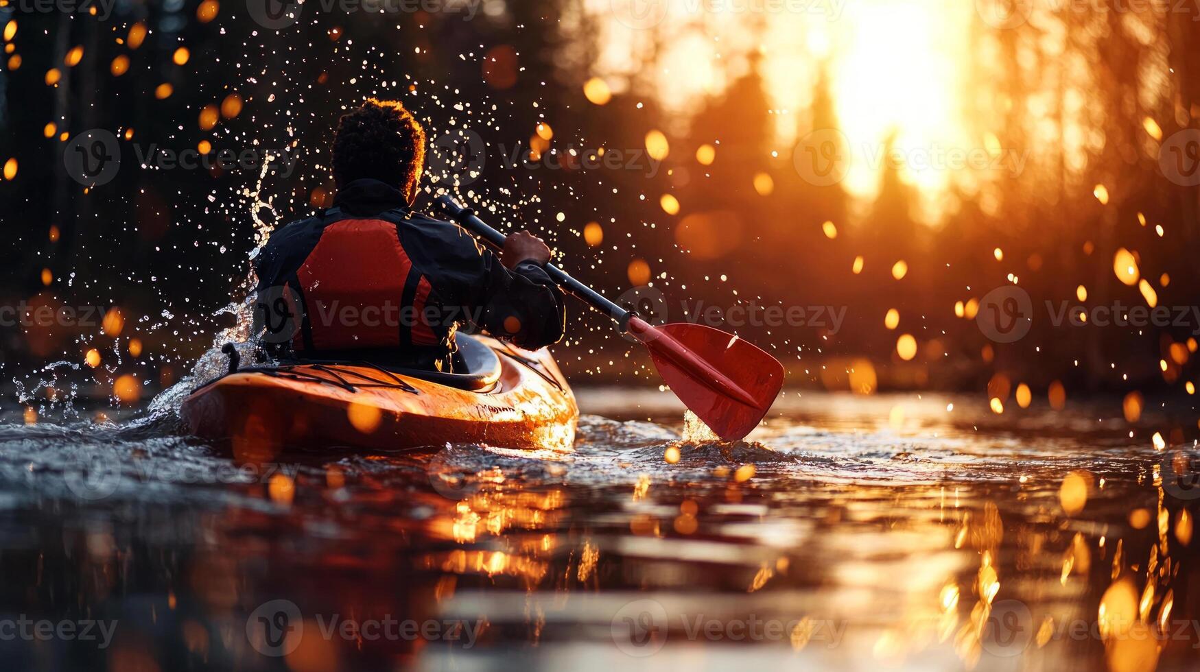 African American kayaker skillfully maneuvers through turbulent whitewater rapids showcasing determination and adventure while droplets of water glisten in sunlight photo