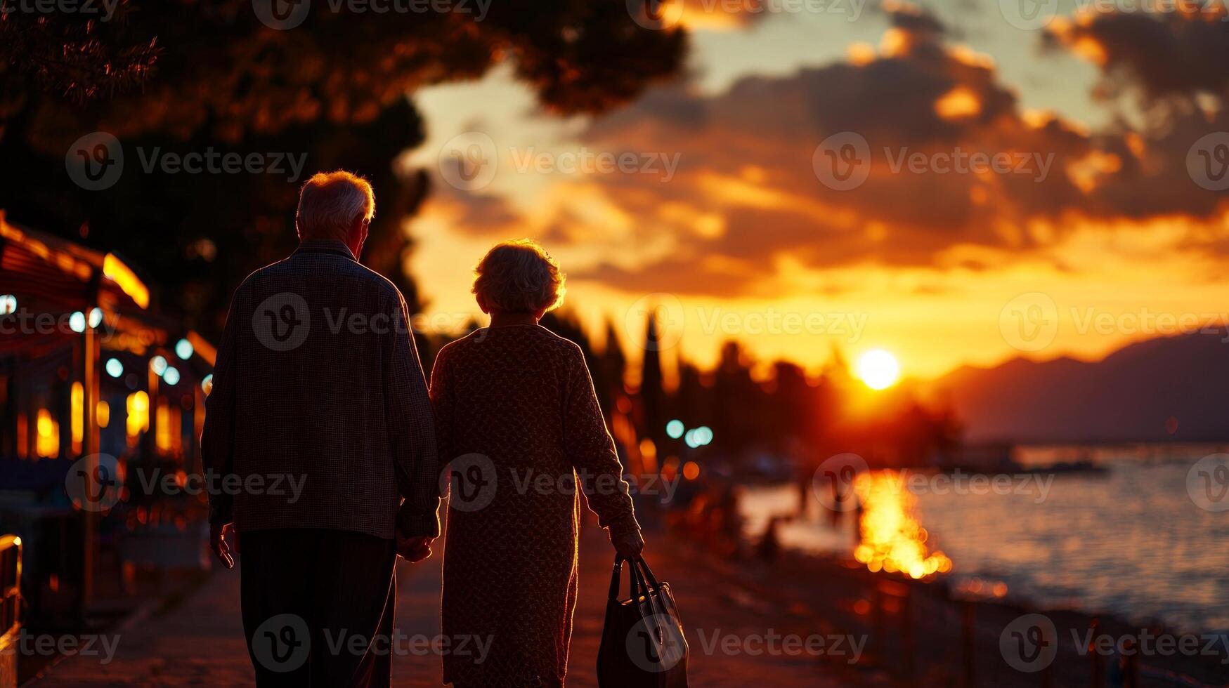 elderly Caucasian couple strolls together along beach during sunset their hands intertwined surrounded warm serene atmosphere created golden light reflecting on water photo