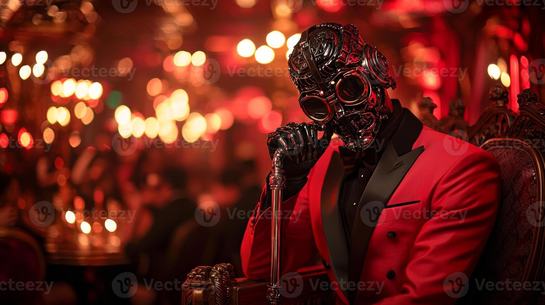 robot dressed in sleek tuxedo watches lively medieval ball from balcony. dance floor is aglow torchlight and candelabras creating vibrant atmosphere for event photo