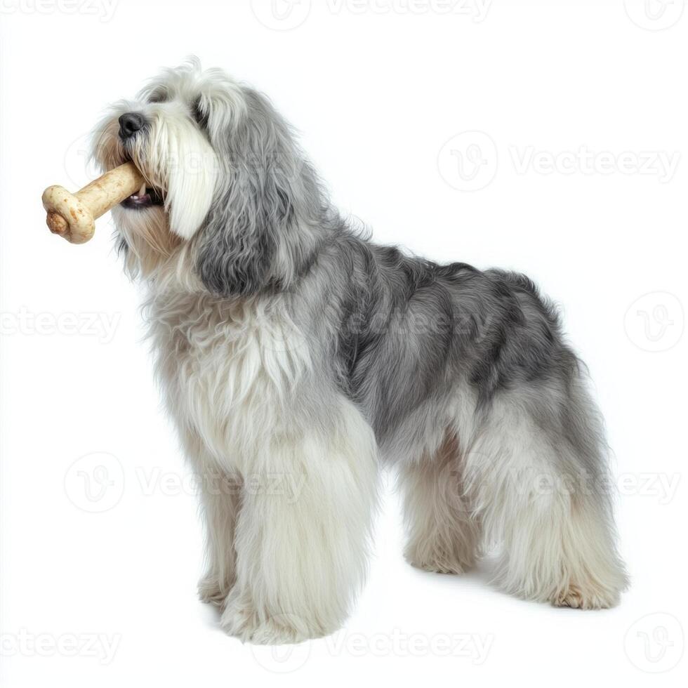 Bearded Collie is captured in side view while happily chewing on bone. clean white background highlights dog's fluffy coat and playful demeanor making scene delightful photo