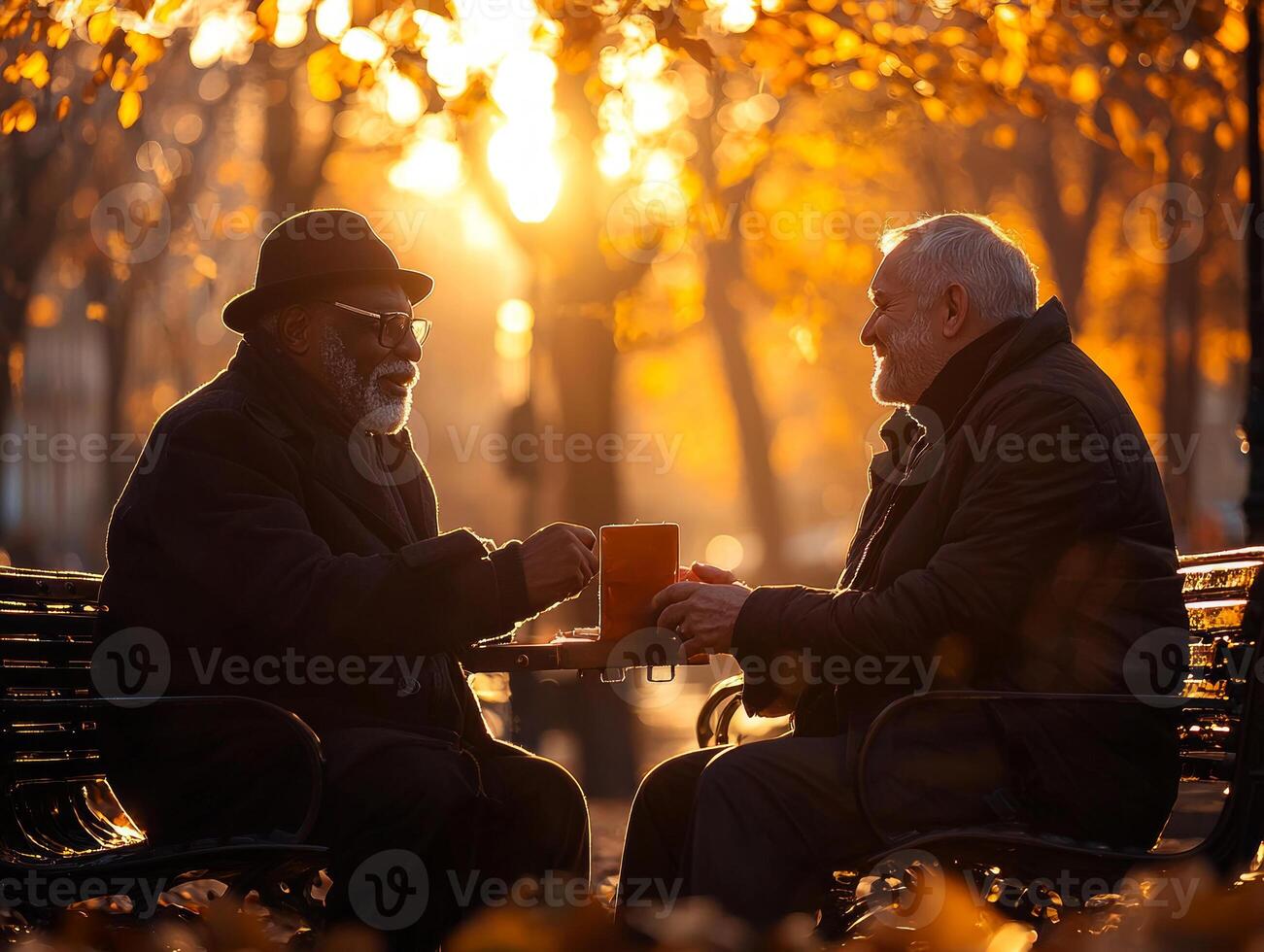 elderly gay couple sits closely on park bench during golden hour smiling each other while holding hands amidst backdrop of autumn leaves in warm sunlight photo