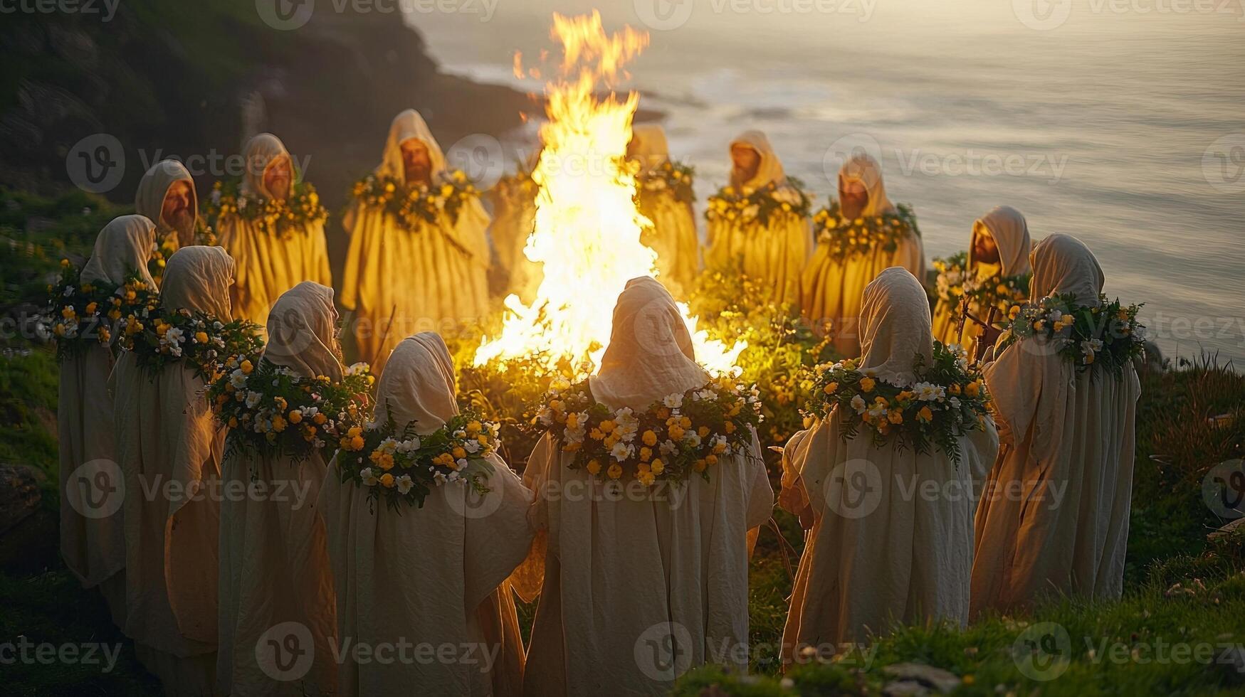 Robed figures gather around roaring bonfire celebrating springtime pagan ritual. Their attire is adorned flowers and greenery creating mystical ambiance twilight photo
