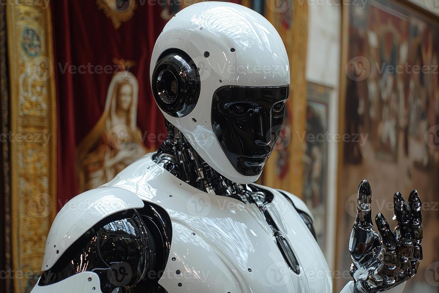 robot in stylish tailcoat tuxedo spins noblewoman gracefully during waltz. elegant backdrop features rich velvet curtains and intricate medieval tapestries photo