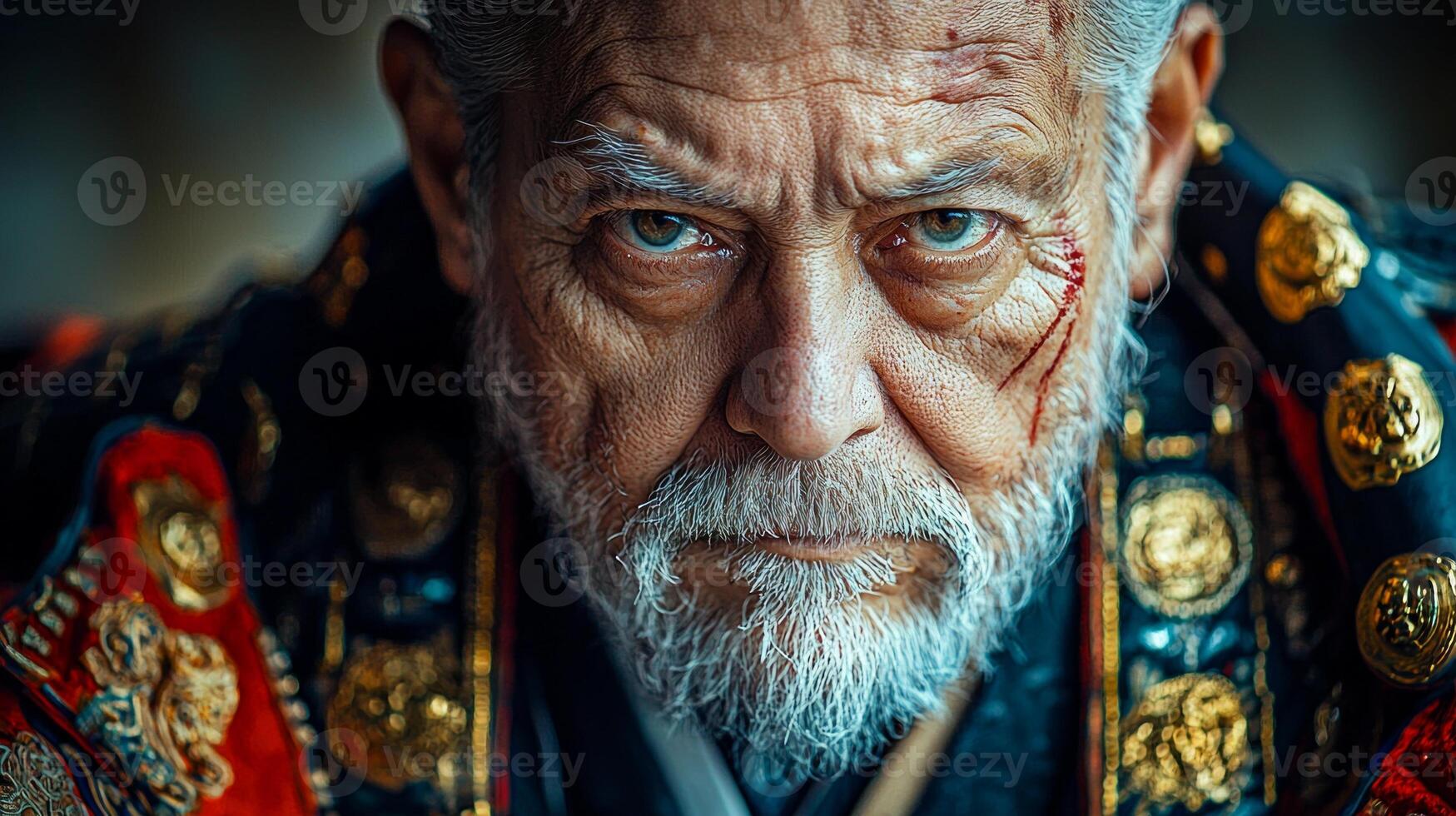 Samurai displays intricate armor and intense eyes filled determination. Subtle facial scars reveal history of battles while warm colors enhance atmosphere of honor and resilience photo