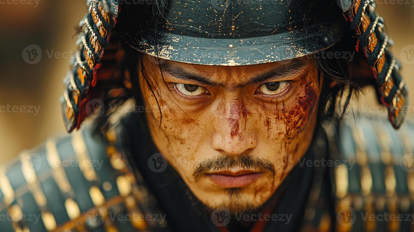 Close up portrays samurai warrior in detailed armor highlighting intense eyes and subtle scars. warm gradient background amplifies their sense of honor and determination photo