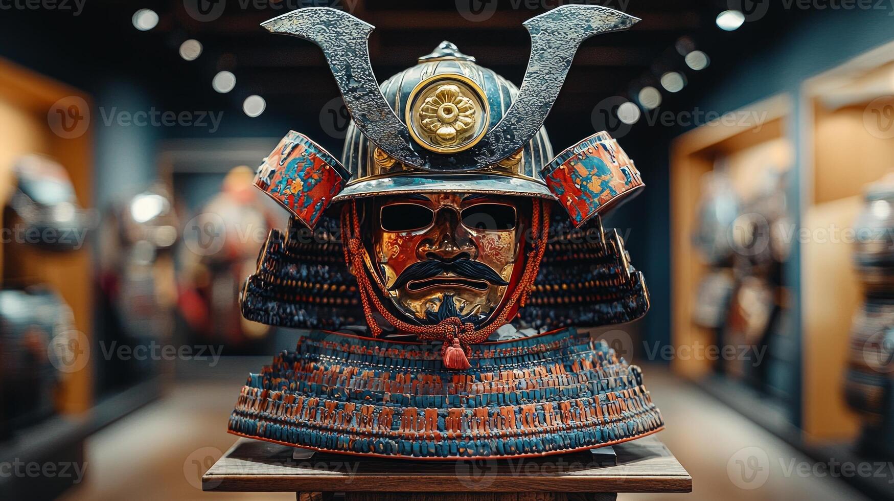 artistic rendering features samurai kabuto helmet showcased on ornate wooden stand. minimalist backdrop emphasizes helmet's detailed craftsmanship and rich colors photo