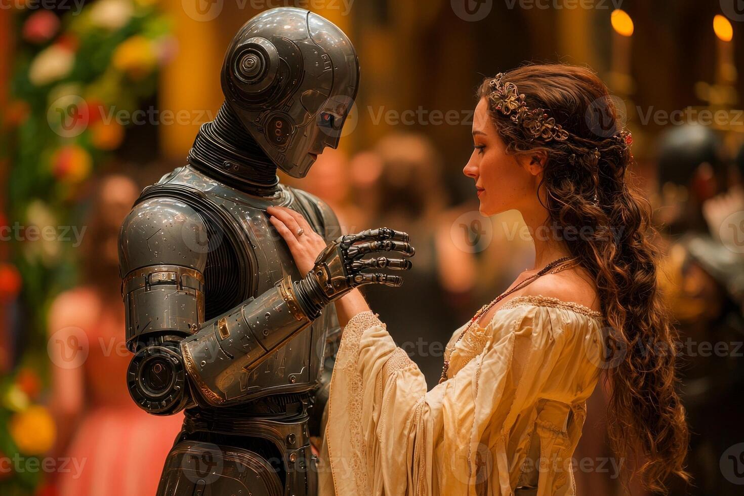 robot in tuxedo spins noblewoman during waltz in grand ballroom adorned rich velvet curtains and medieval tapestries showcasing unique blend of technology and elegance photo