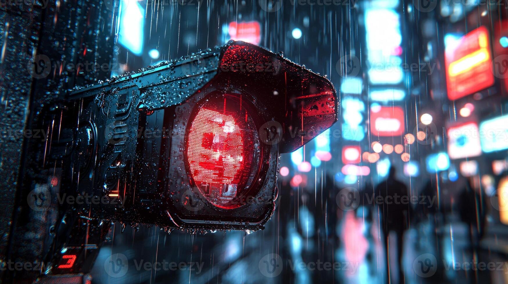 Surrounded holographic data projections sleek surveillance camera emits glowing red light while monitoring busy city square filled people and neon lights in rain photo