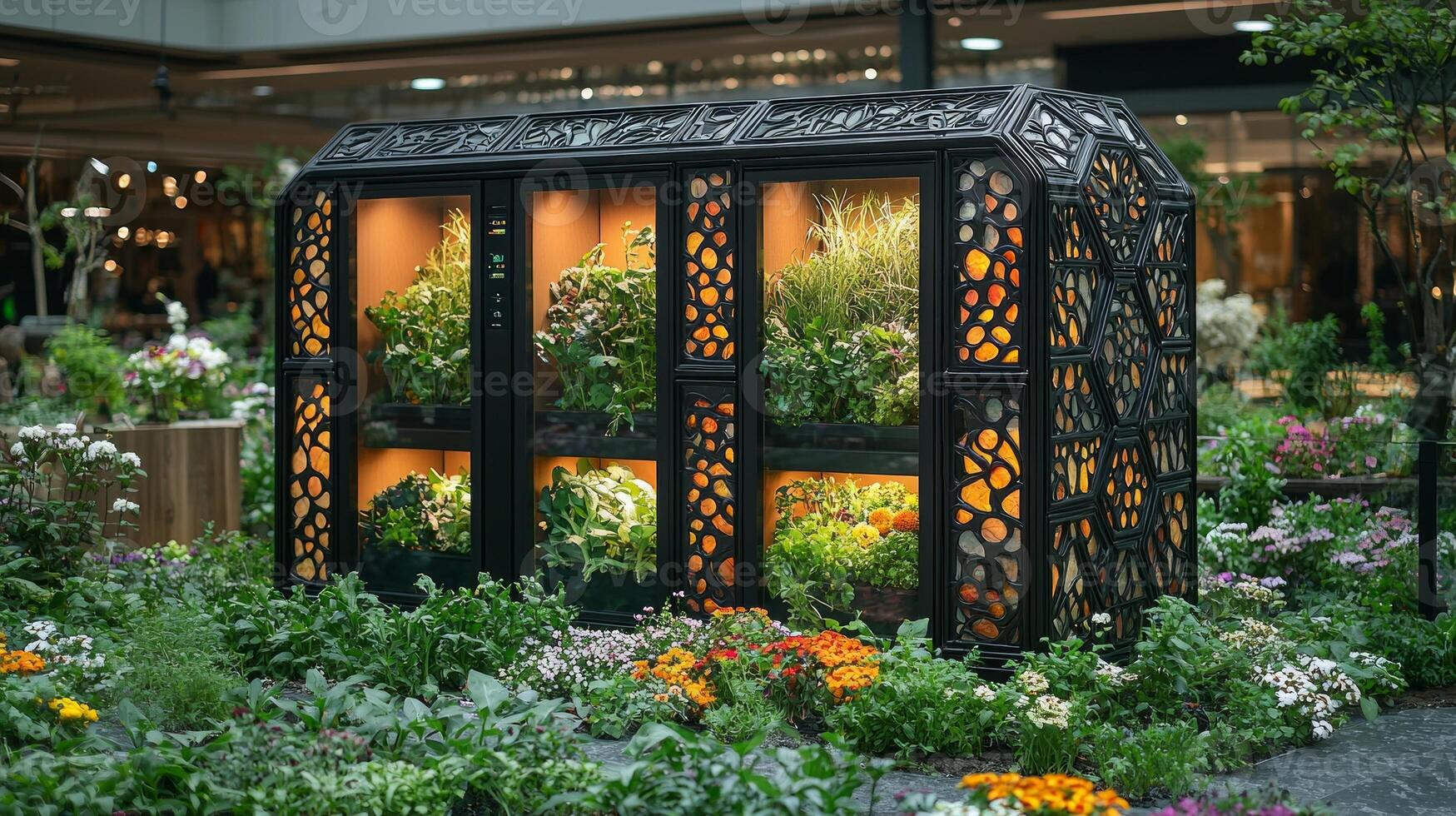 Close up view showcases refrigerator adorned intricate stained glass filled fresh herbs and vegetables. Surrounding flowers enhance inviting and luxurious atmosphere photo