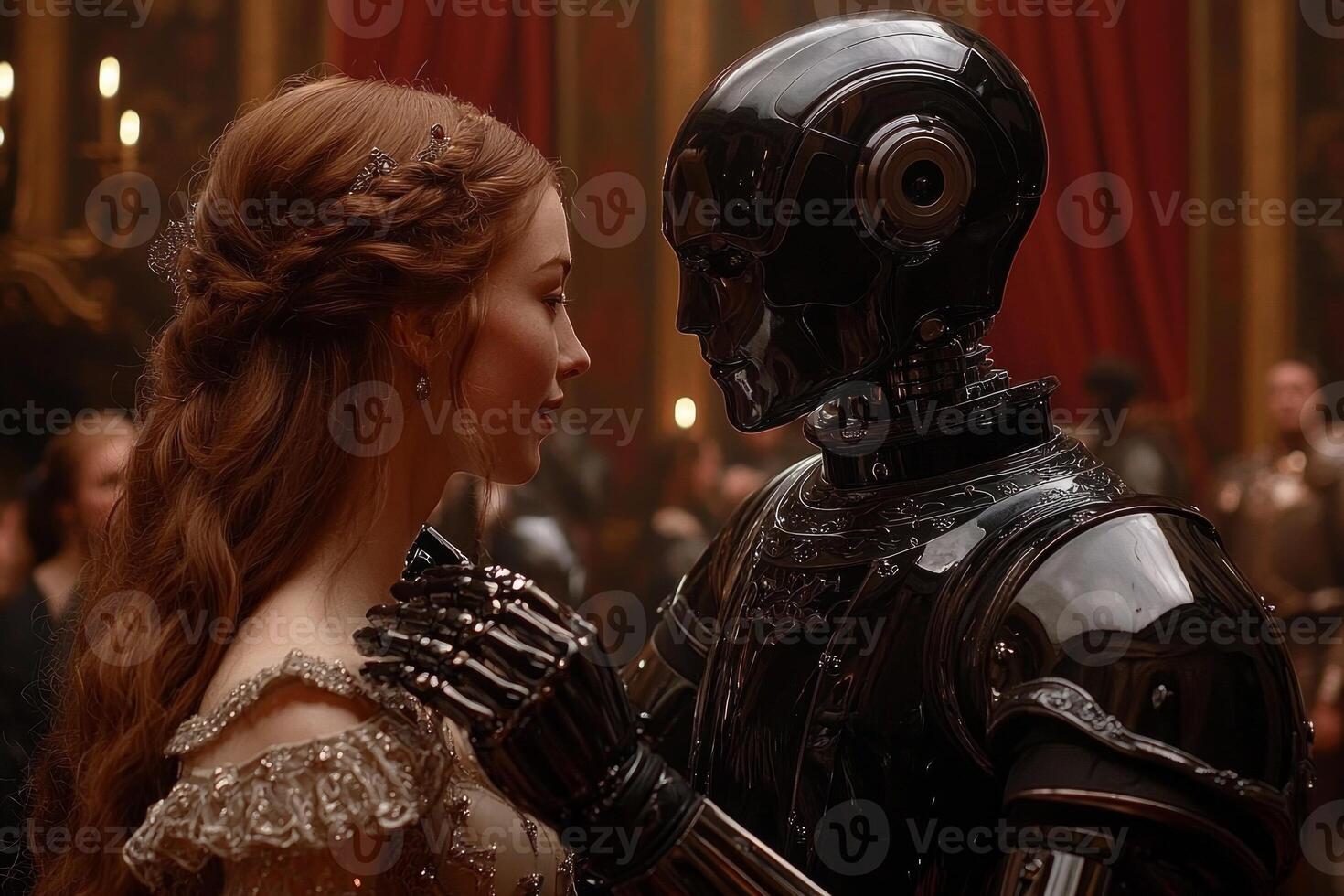 robot in sleek tailcoat tuxedo gracefully twirls noblewoman during waltz showcasing precise movements against elegant backdrop of velvet curtains and medieval tapestries photo