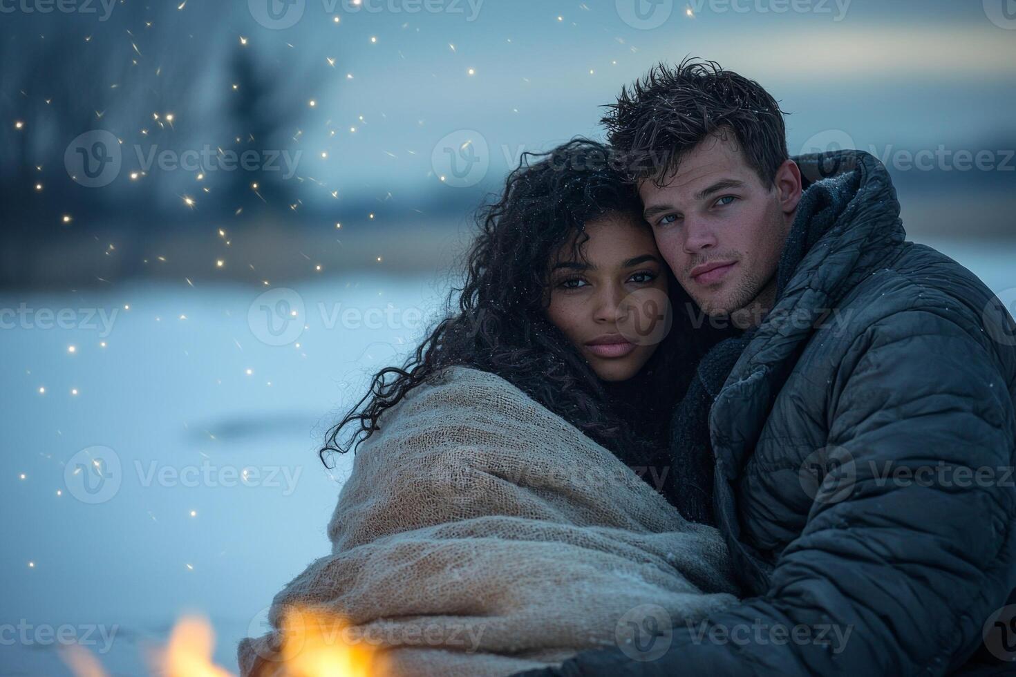 young interracial couple sits close together wrapped in shared blanket glowing bonfire. soft flames illuminate their faces as they gaze into each other's eyes starry sky photo