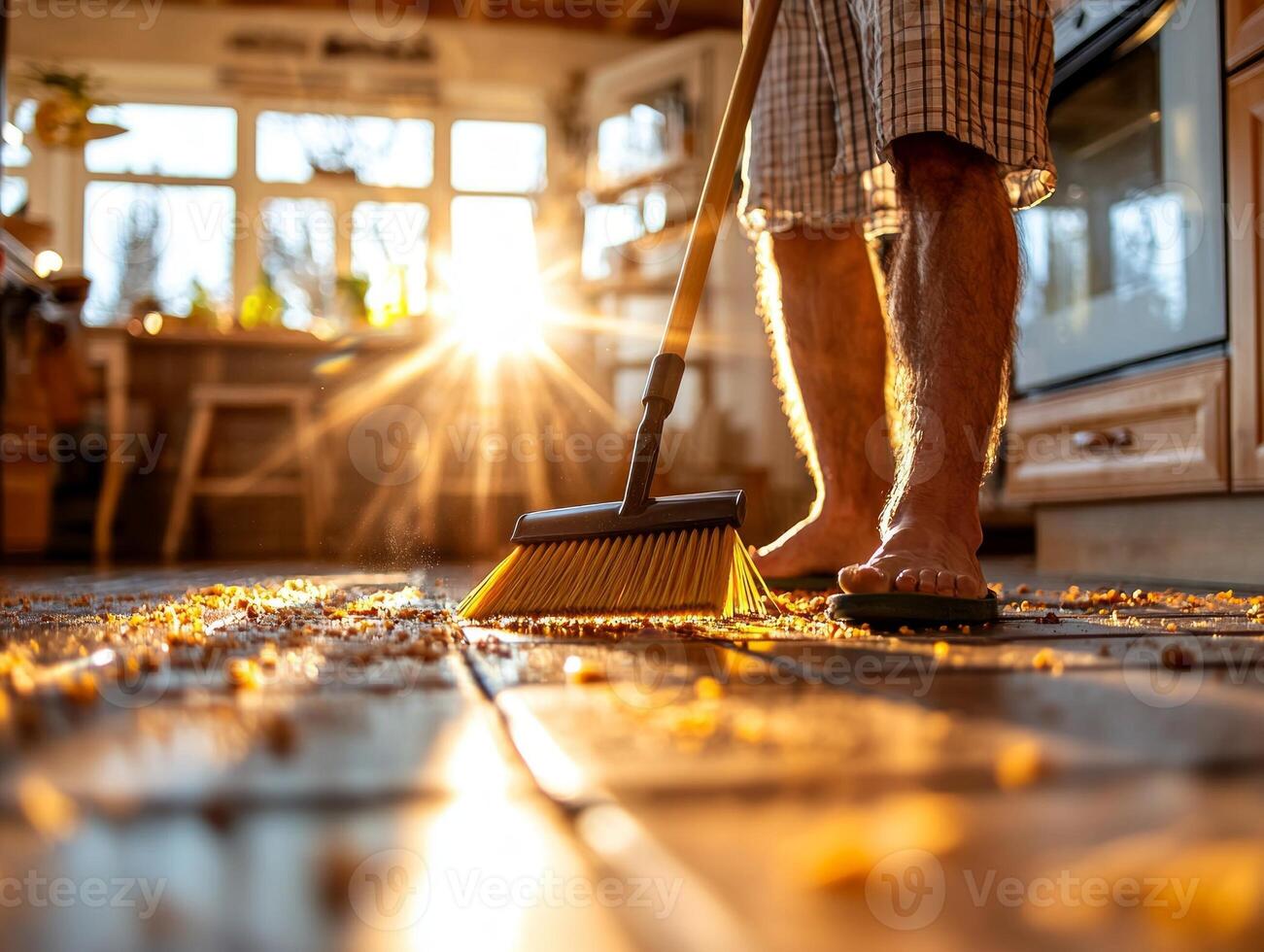 Crumbs are being swept from tiled kitchen floor broom and dustpan. Soft shadows are created evening light coming through windows enhancing clean workspace photo