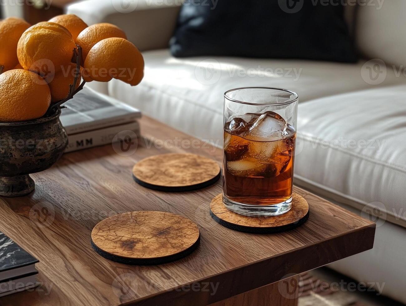 close up shot features professional flat design mockup of coasters showcasing abstract patterns. glass of iced tea ice sits on cozy coffee table adorned bowl of fresh oranges photo