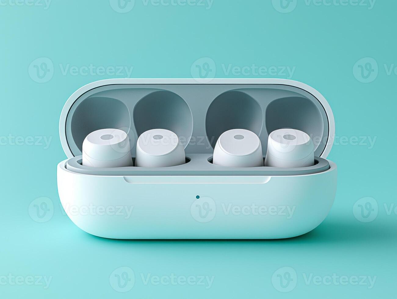 Showcasing professional flat design mockup featuring pair of minimalist earphones placed in stylish customizable case against soft pastel teal background for fresh look photo