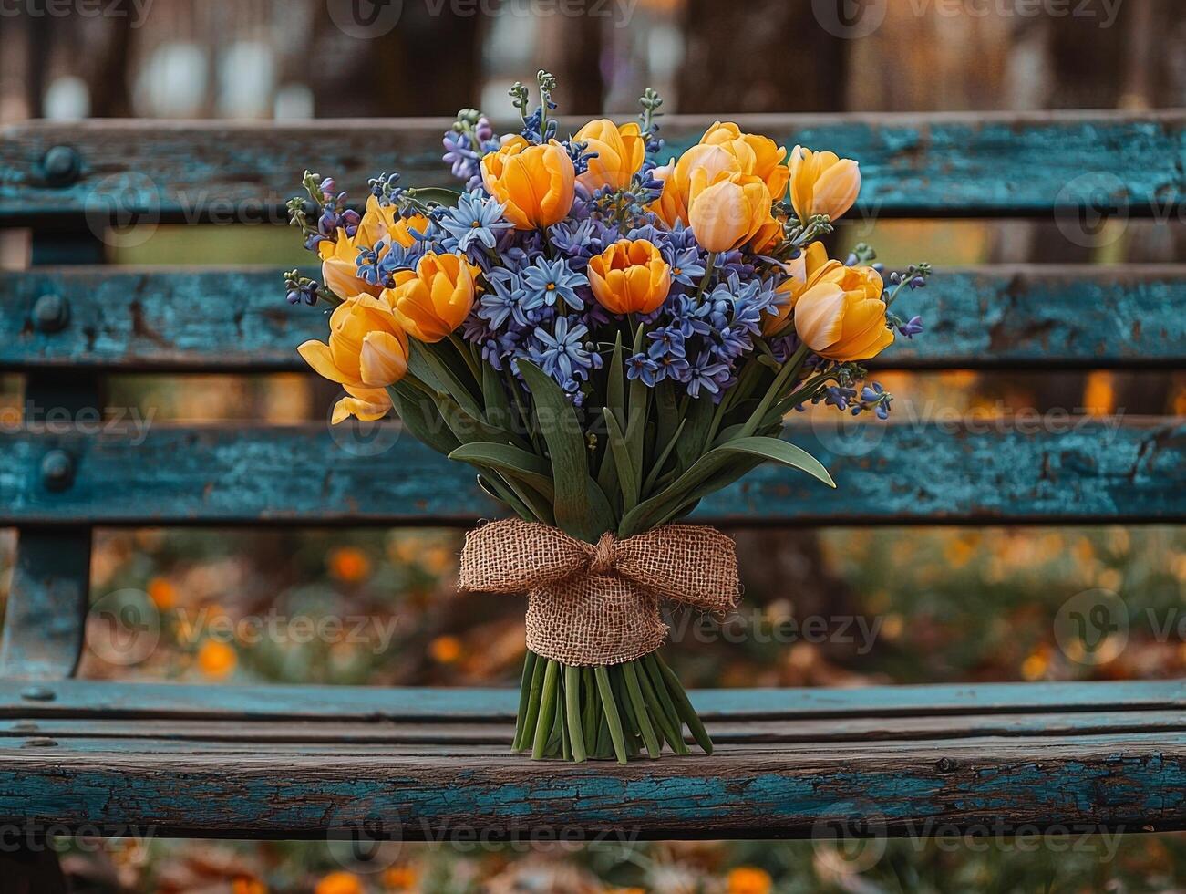 close up showcases stunning arrangement of yellow tulips and purple hyacinths elegantly tied burlap ribbon resting on rustic bench outdoors illuminated soft natural light photo