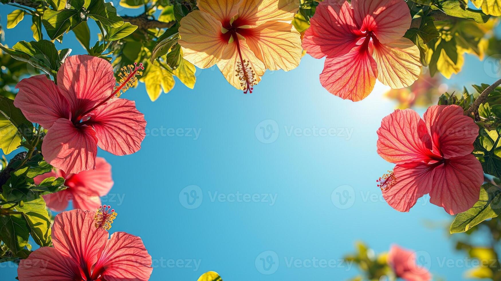 branch of hibiscus flowers displays vibrant red and yellow petals bright sunlight creating striking contrasts against clear tropical sky dramatic shadows photo