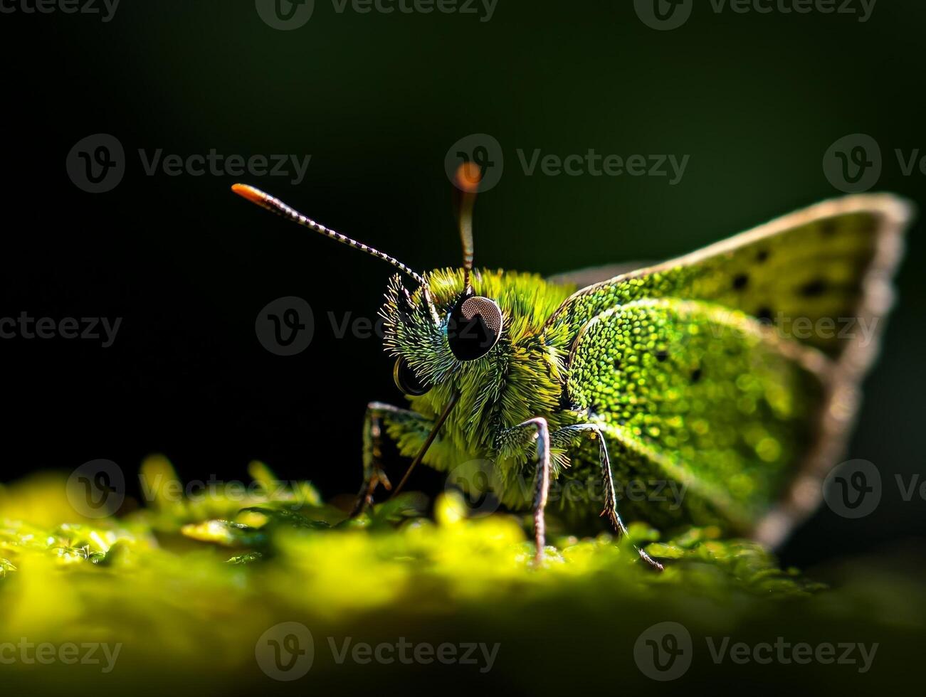 small butterfly intricate green patterns rests gently on lush fern leaves. Soft dappled sunlight filters through trees enhancing serenity of nature photo