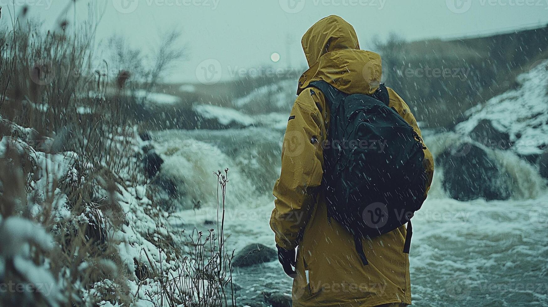 Water cascades over rocks in rapid mountain stream framed snowy patches and emerging grass. hiker in bright yellow jacket observes natural beauty and dynamic movement photo