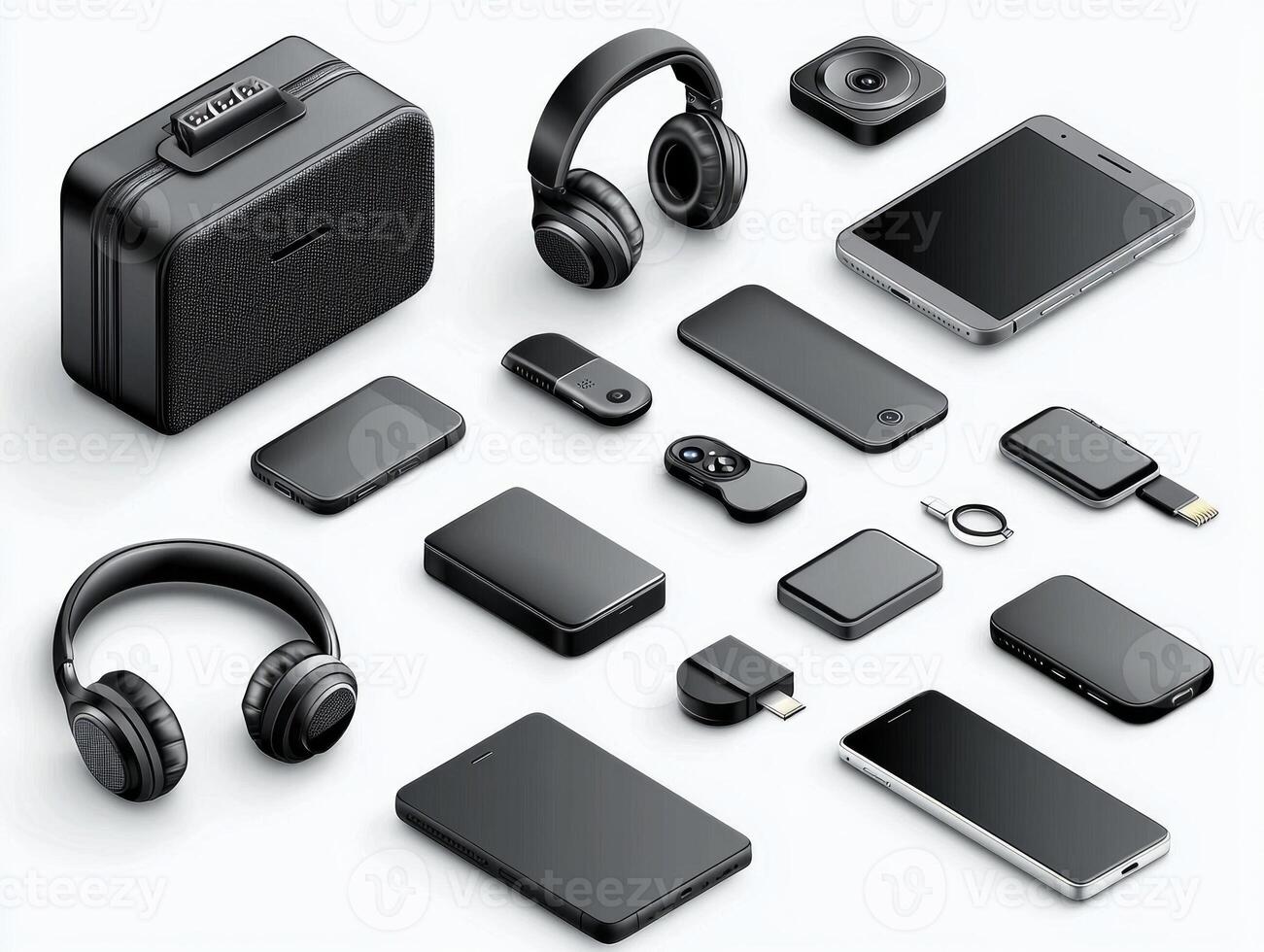 mockup showcases collection of tech gadgets designed in isometric view featuring stylish headphones sleek power bank and modern smartphone all ready for branding and customization photo