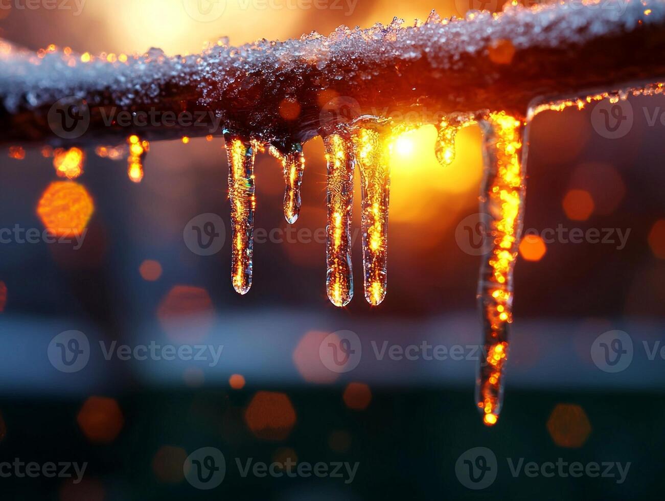 Delicate ice crystals melt on twig bright sunlight resulting in tiny water droplets hang beautifully while creating shimmering rainbow reflections against natural background photo