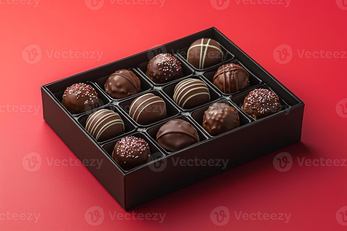 Showcasing flat design mockup of partially open box of chocolates on vibrant red background offering customizable wrappers and intricate chocolate designs for creative presentation photo
