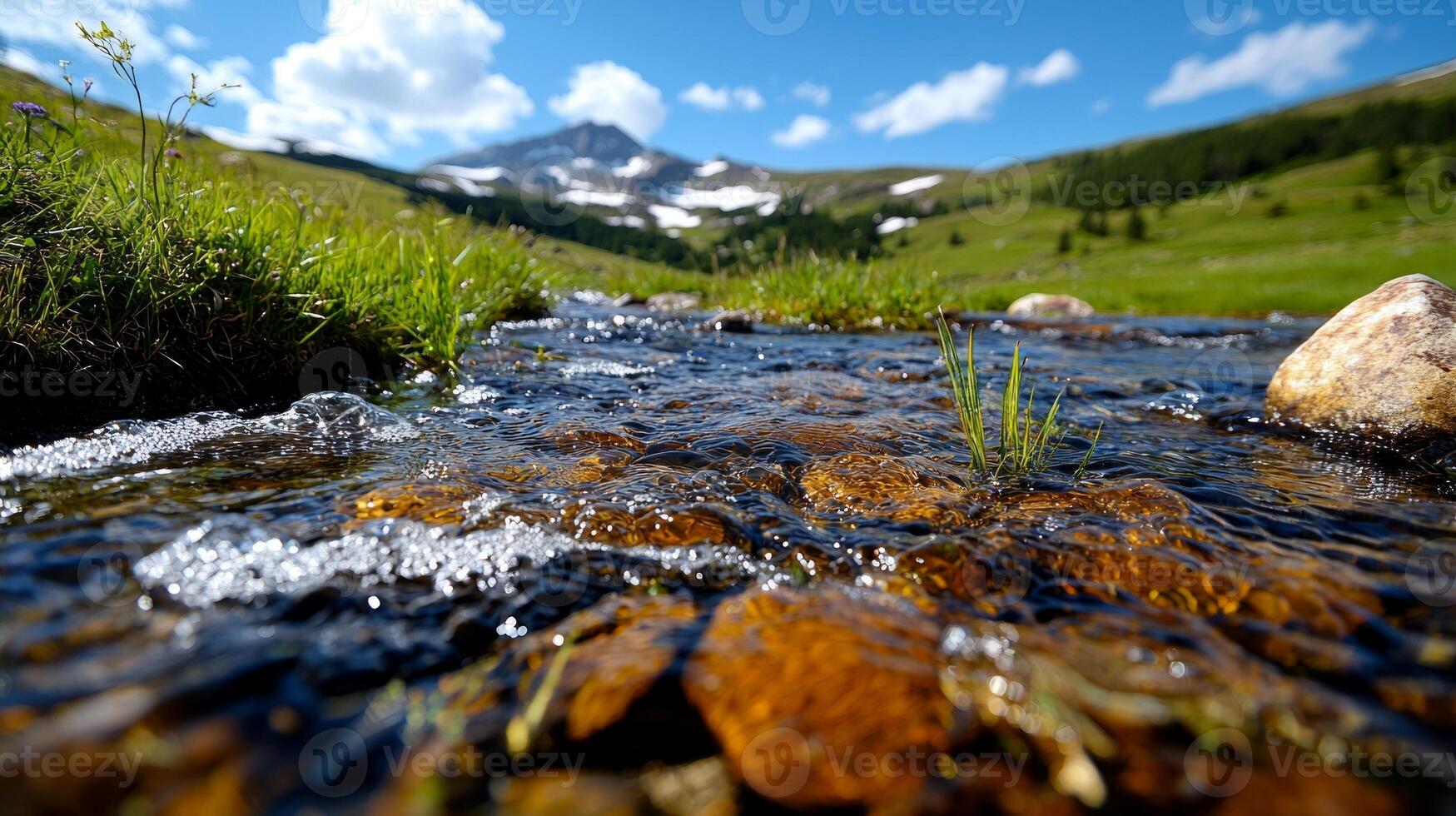 Water flows rapidly over smooth stones in mountain stream framed snow and sprouting grass. vibrant landscape contrasts clear blue sky photo