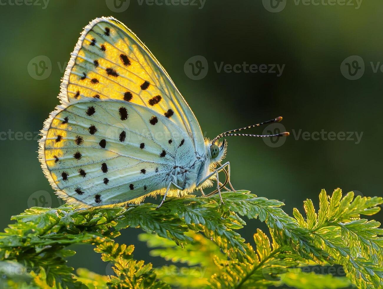 small butterfly delicate partially open wings perches on vibrant fern. Sunlight filters through surrounding trees creating serene atmosphere in nature photo