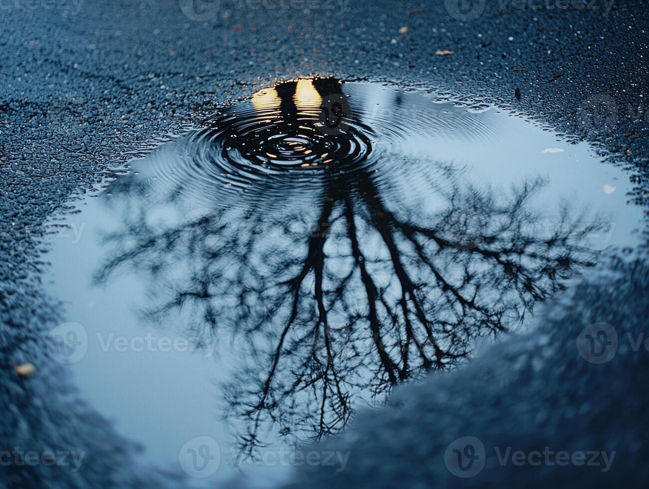 Ripples from falling droplets disturb surface of small puddle formed melting snow reflecting bare branches above in soft and natural light photo